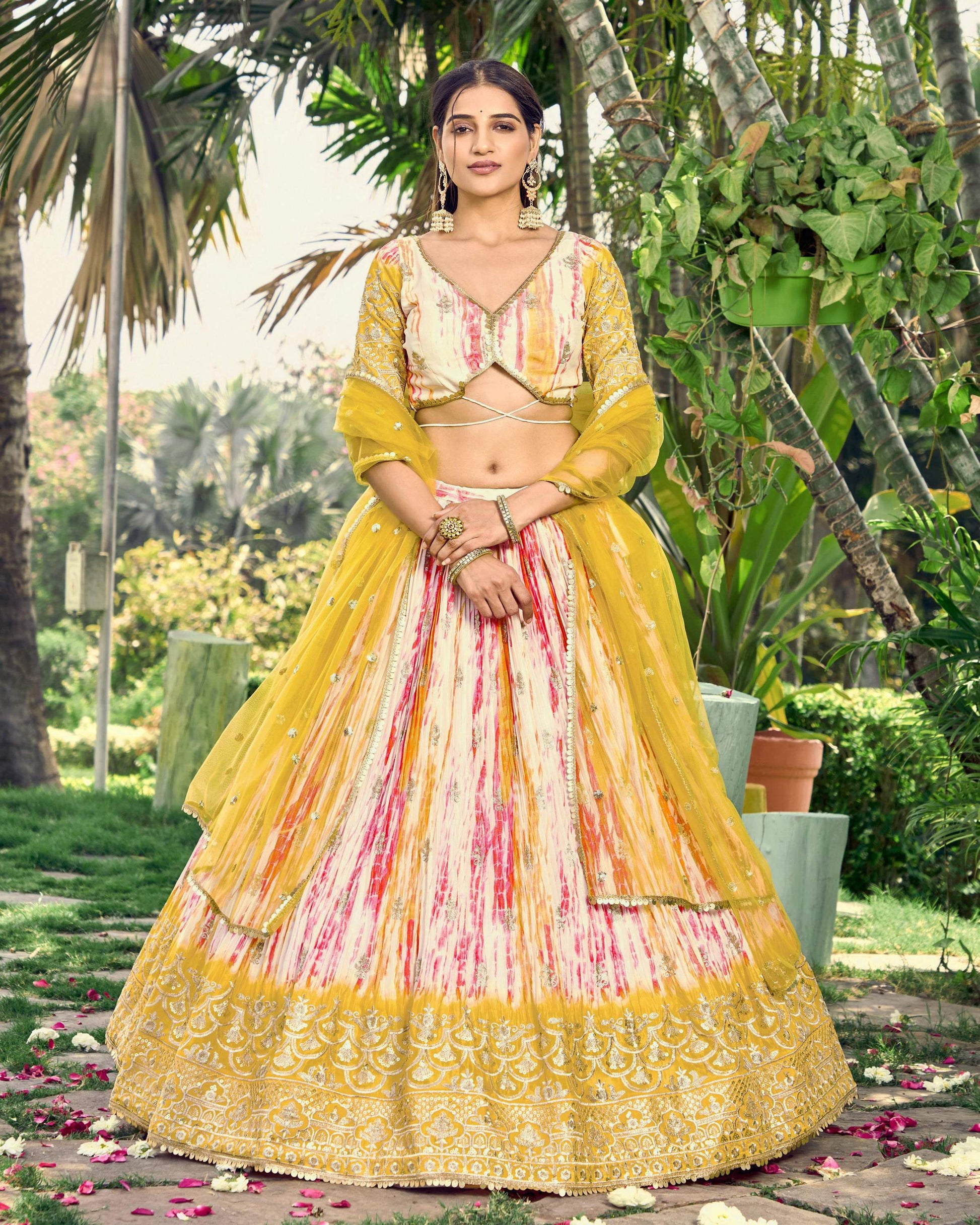 Jyoti Fashion Women's Yellow Chinon Digital Print with Sequins Zari Embroidered Lehenga Choli & Dupatta | Swadesiicart