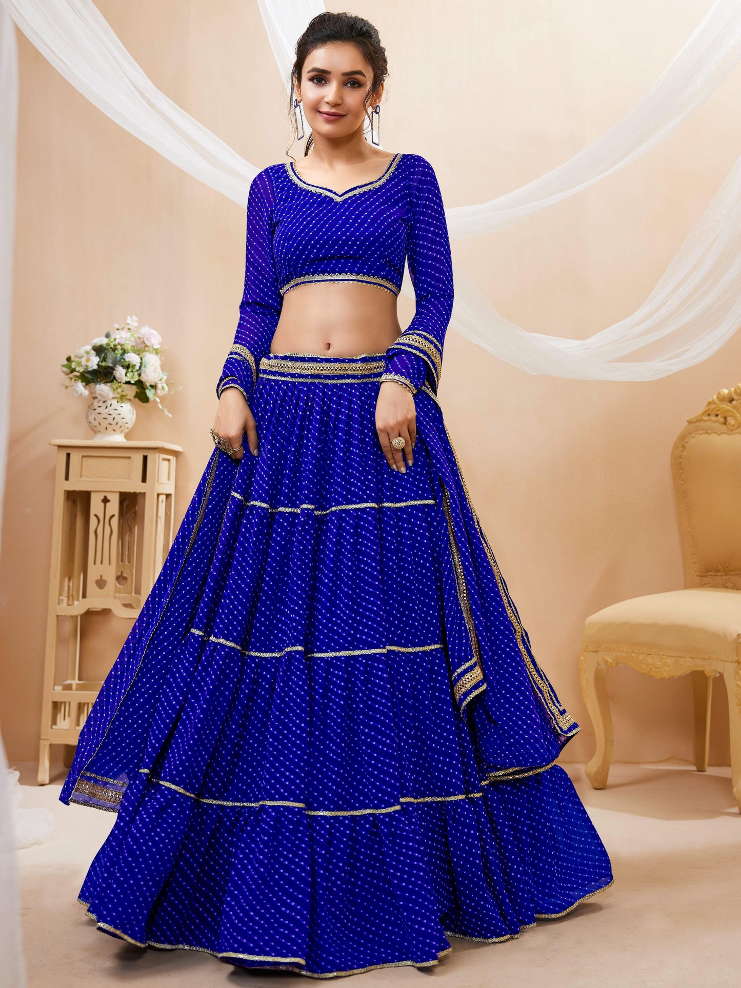 Jyoti Fashion Women's Blue Georgette Leheriya Printed with Lace Work Lehenga Choli & Dupatta | Swadesiicart