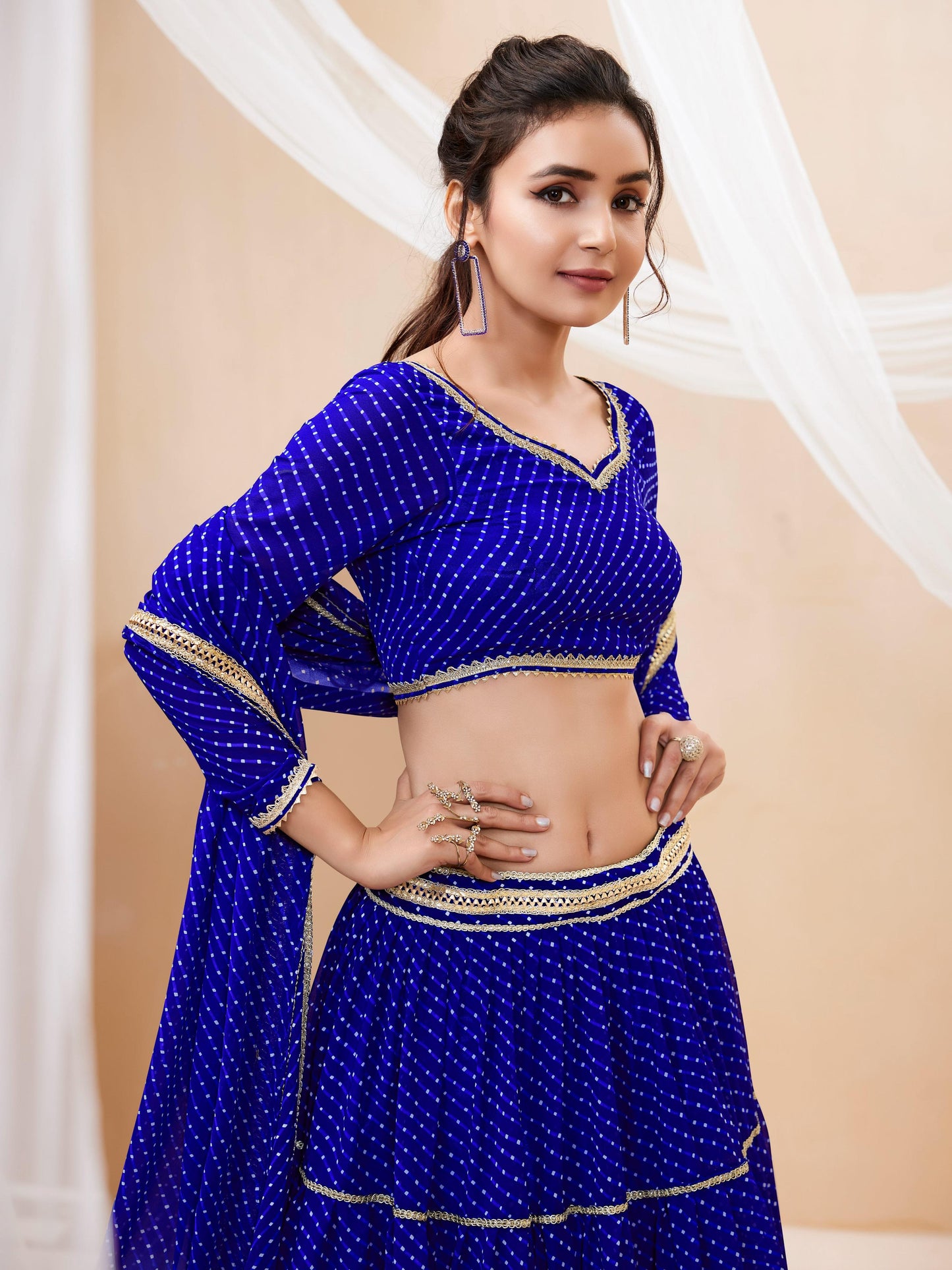 Jyoti Fashion Women's Blue Georgette Leheriya Printed with Lace Work Lehenga Choli & Dupatta | Swadesiicart