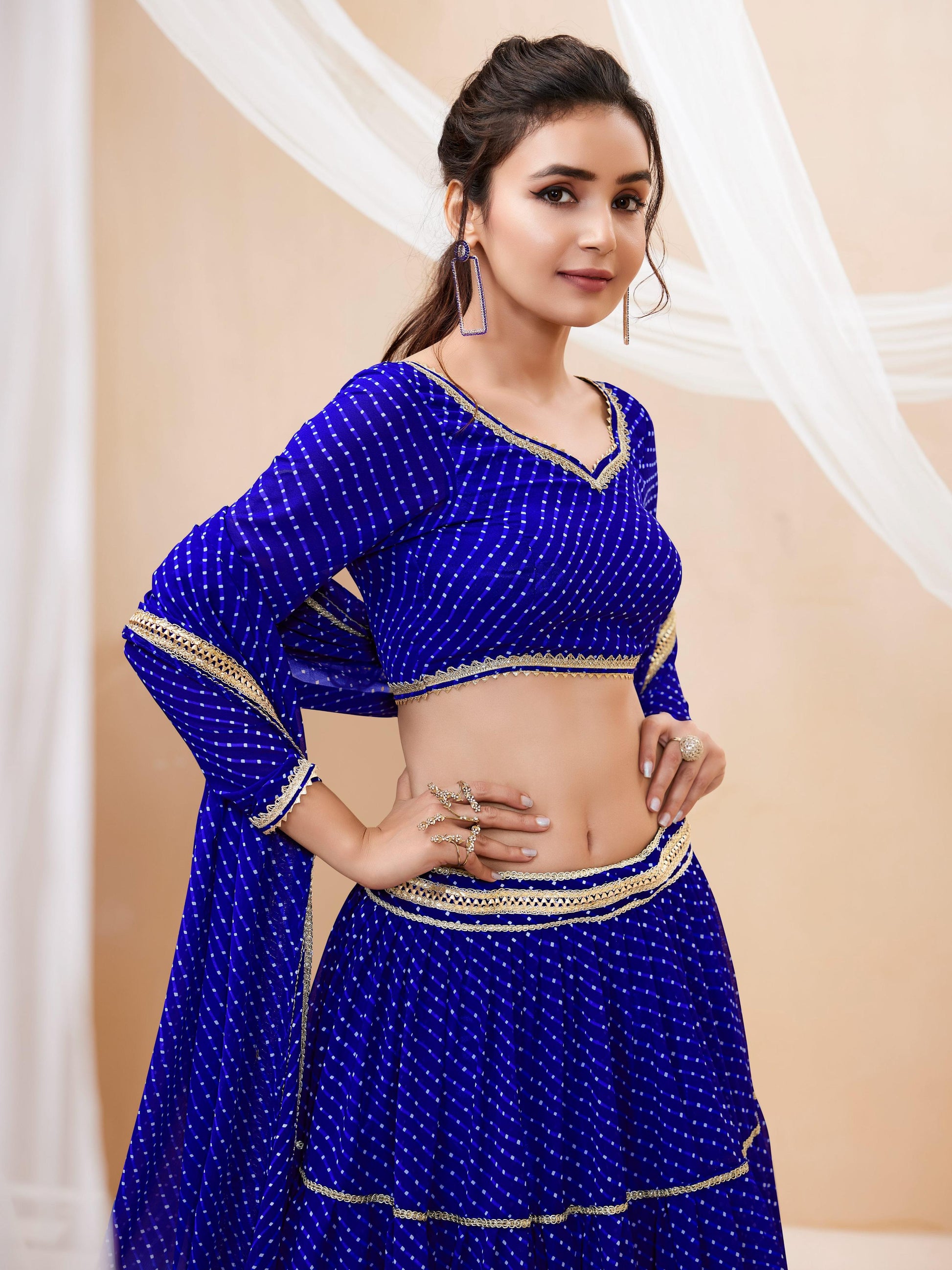 Jyoti Fashion Women's Blue Georgette Leheriya Printed with Lace Work Lehenga Choli & Dupatta | Swadesiicart