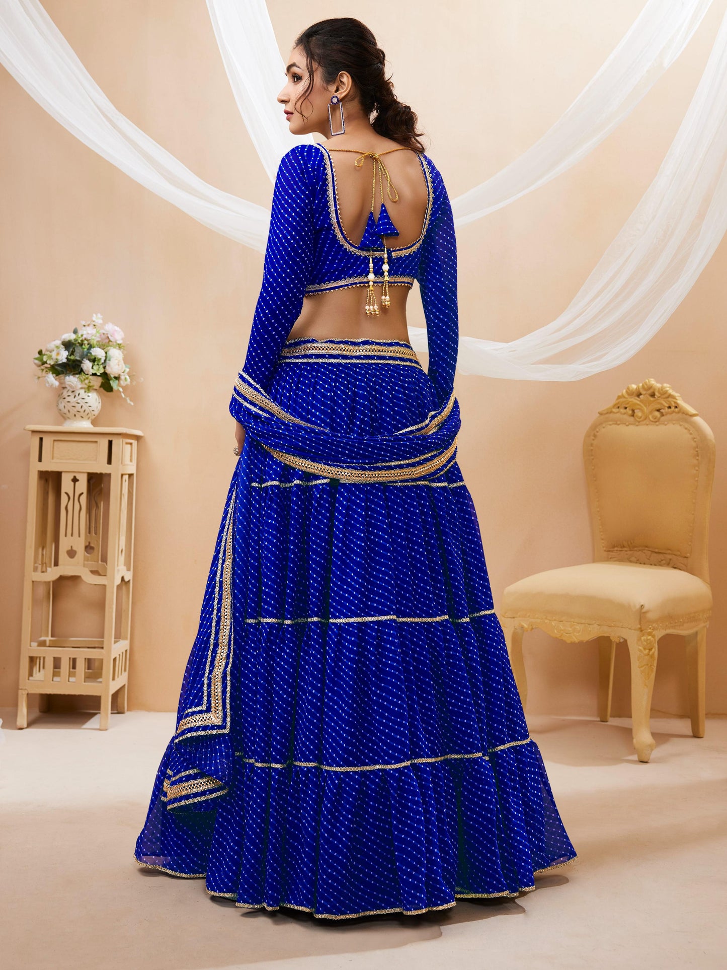 Jyoti Fashion Women's Blue Georgette Leheriya Printed with Lace Work Lehenga Choli & Dupatta | Swadesiicart