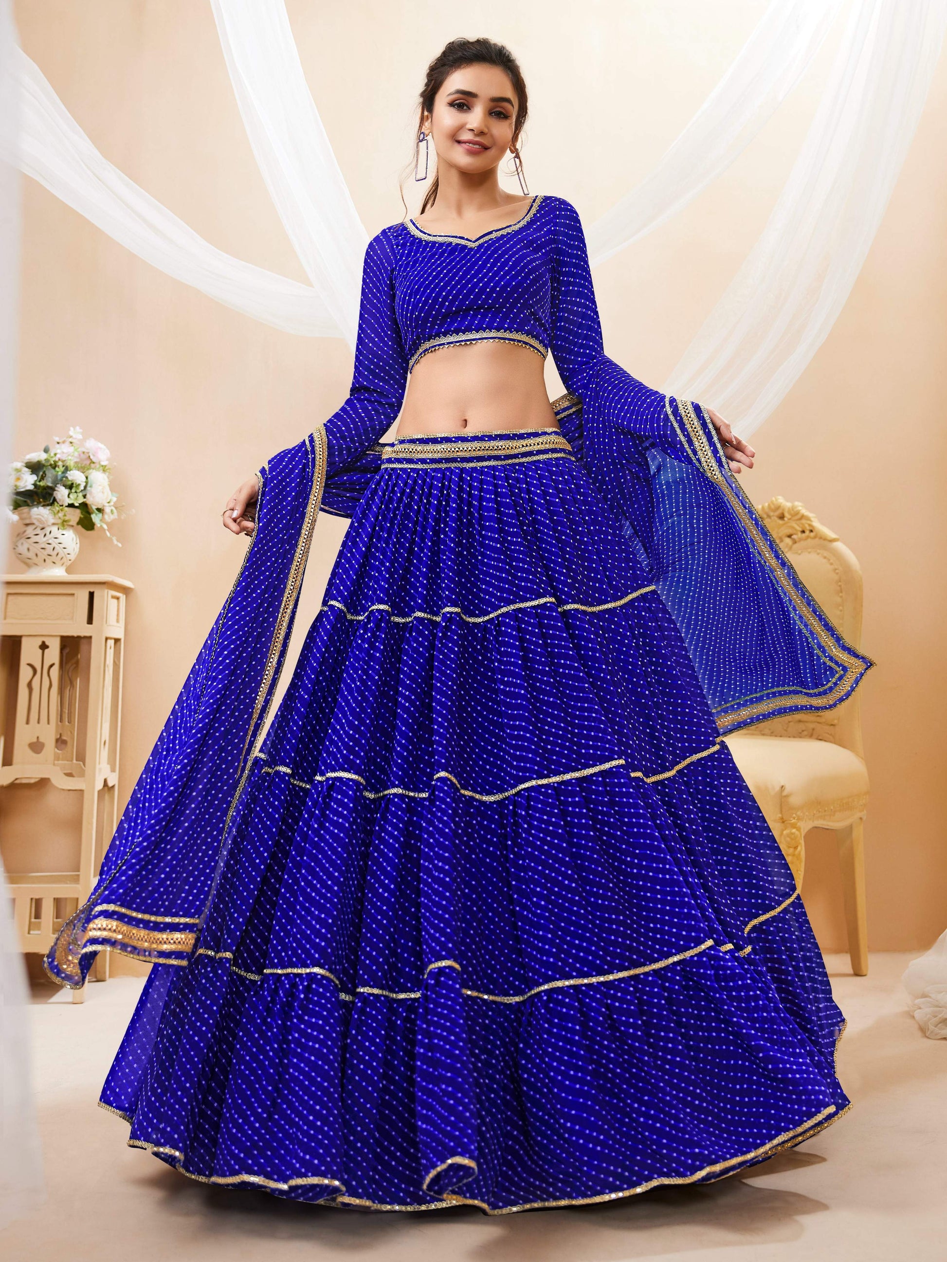 Jyoti Fashion Women's Blue Georgette Leheriya Printed with Lace Work Lehenga Choli & Dupatta | Swadesiicart