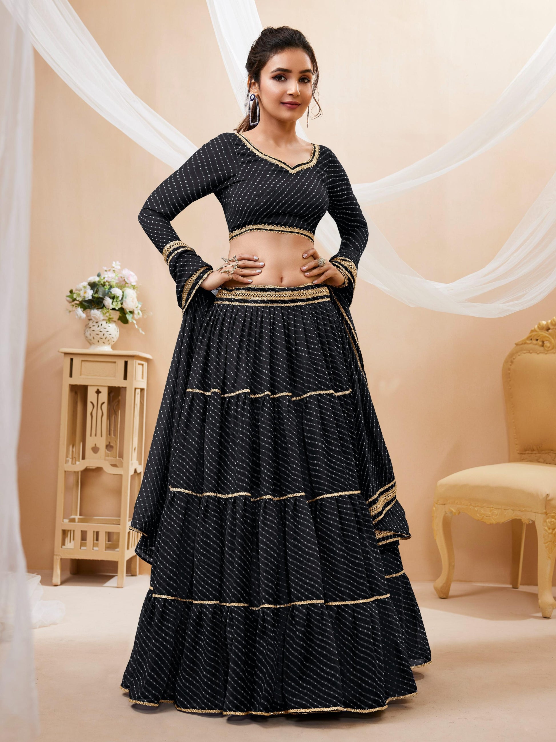 Jyoti Fashion Women's Black Georgette Leheriya Printed with Lace Work Lehenga Choli & Dupatta | Swadesiicart