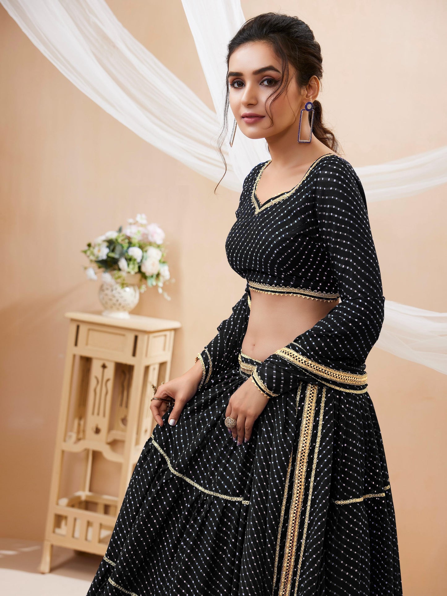 Jyoti Fashion Women's Black Georgette Leheriya Printed with Lace Work Lehenga Choli & Dupatta | Swadesiicart