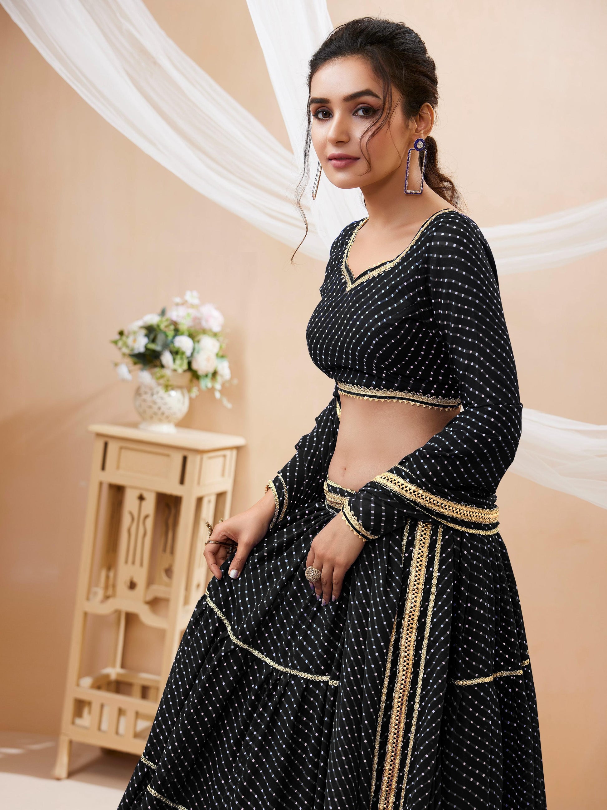 Jyoti Fashion Women's Black Georgette Leheriya Printed with Lace Work Lehenga Choli & Dupatta | Swadesiicart