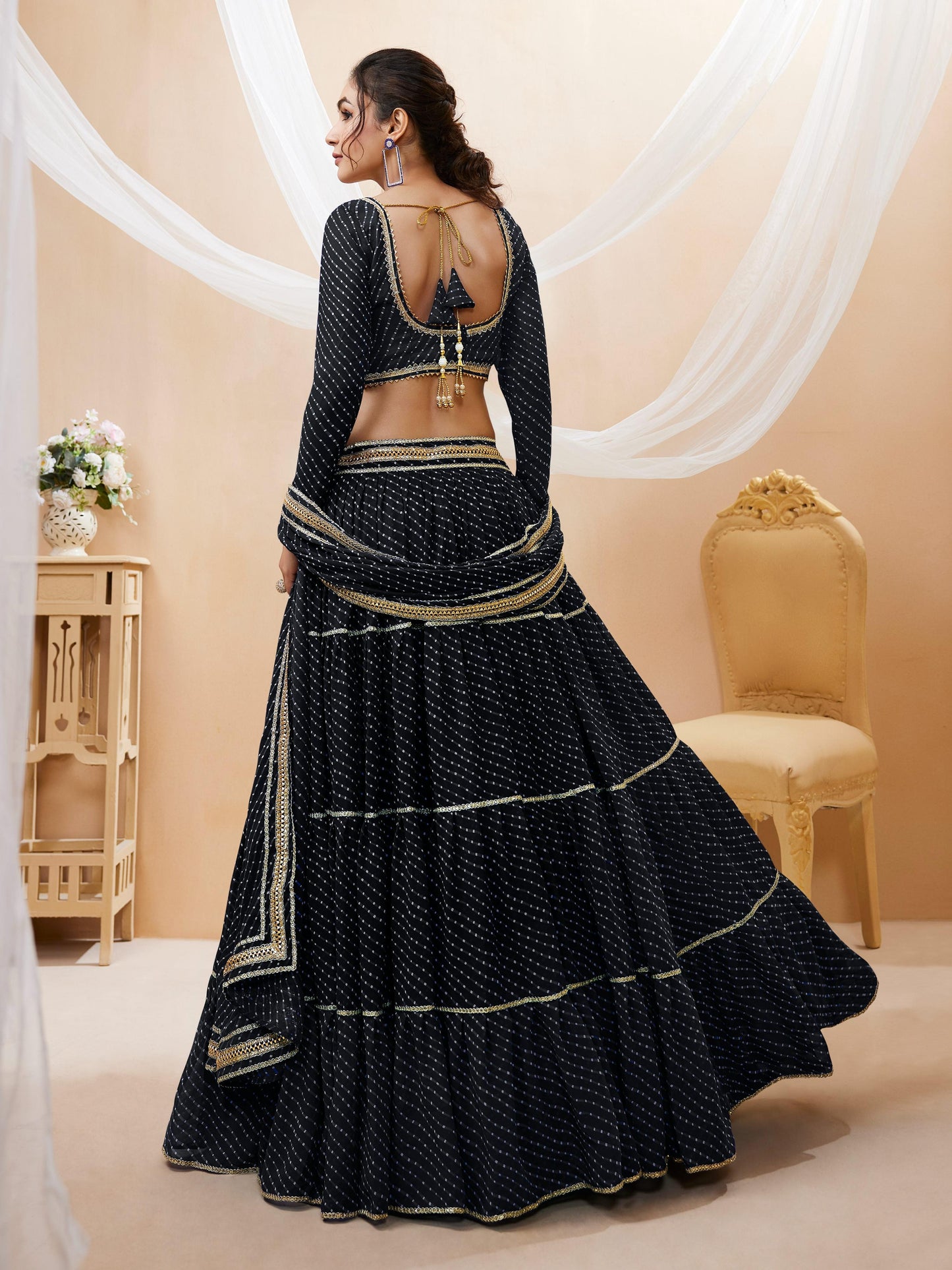 Jyoti Fashion Women's Black Georgette Leheriya Printed with Lace Work Lehenga Choli & Dupatta | Swadesiicart