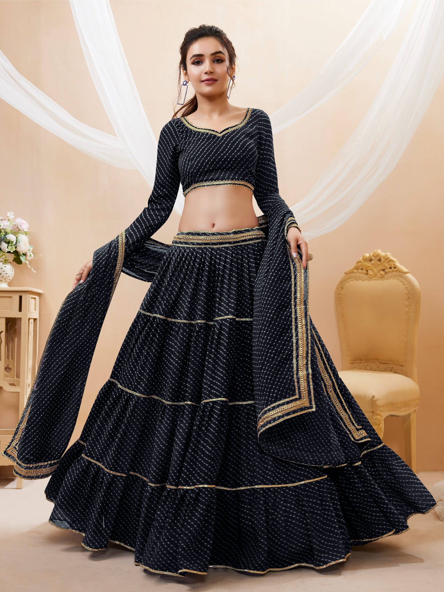 Jyoti Fashion Women's Black Georgette Leheriya Printed with Lace Work Lehenga Choli & Dupatta | Swadesiicart