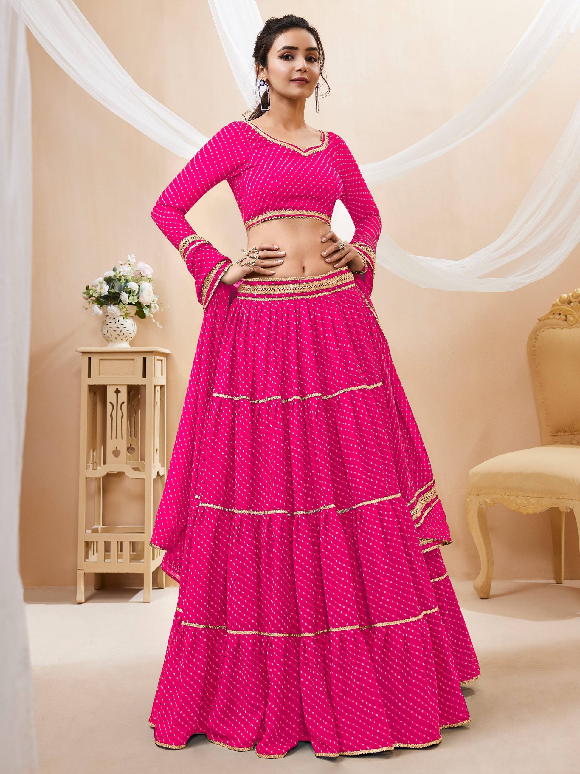Jyoti Fashion Women's Pink Georgette Leheriya Printed with Lace Work Lehenga Choli & Dupatta | Swadesiicart