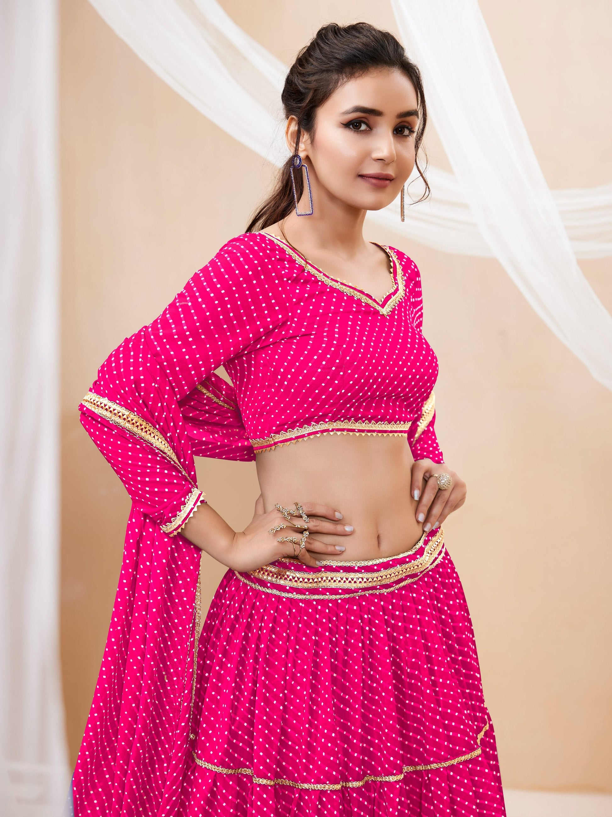 Jyoti Fashion Women's Pink Georgette Leheriya Printed with Lace Work Lehenga Choli & Dupatta | Swadesiicart