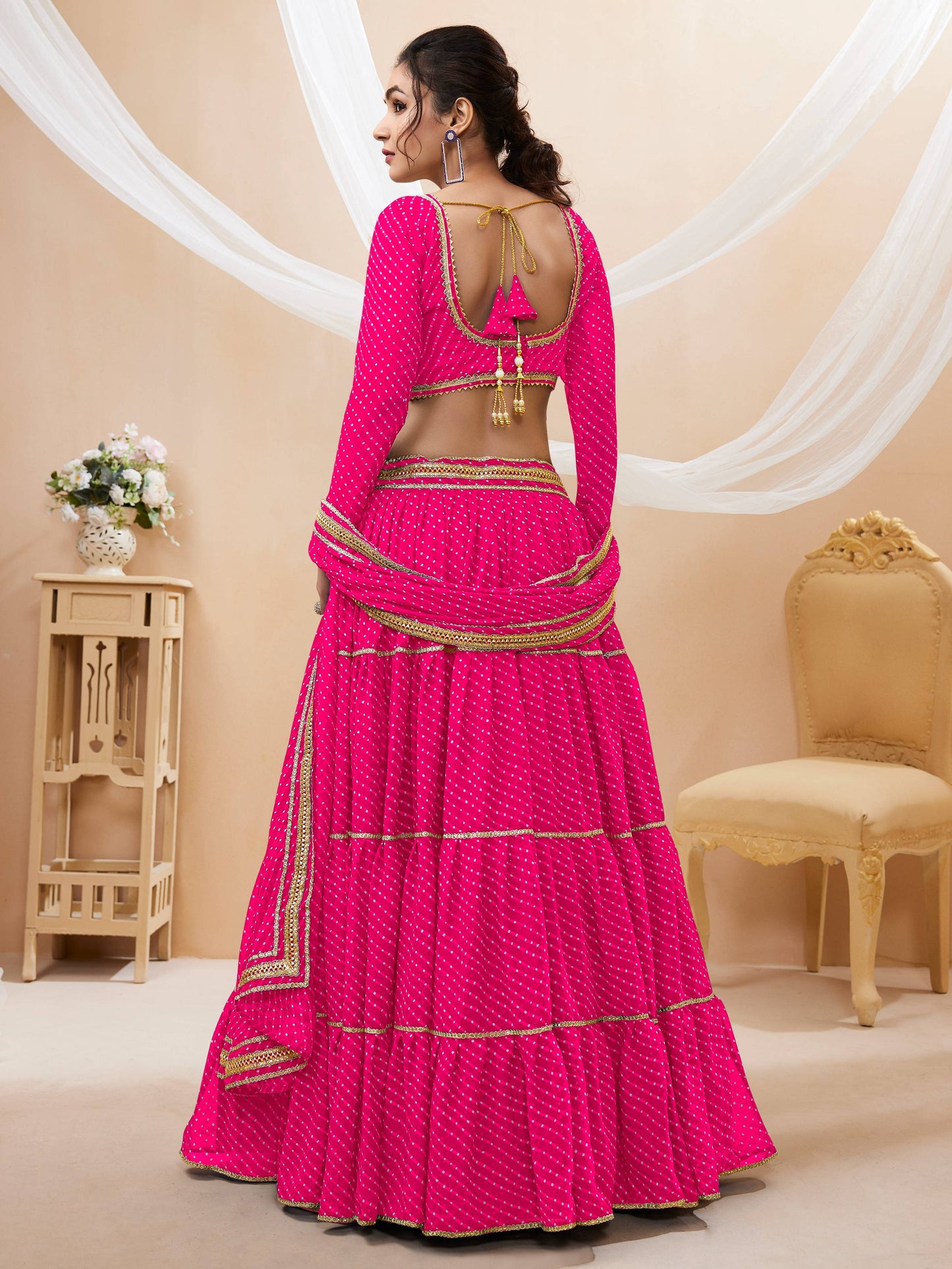 Jyoti Fashion Women's Pink Georgette Leheriya Printed with Lace Work Lehenga Choli & Dupatta | Swadesiicart
