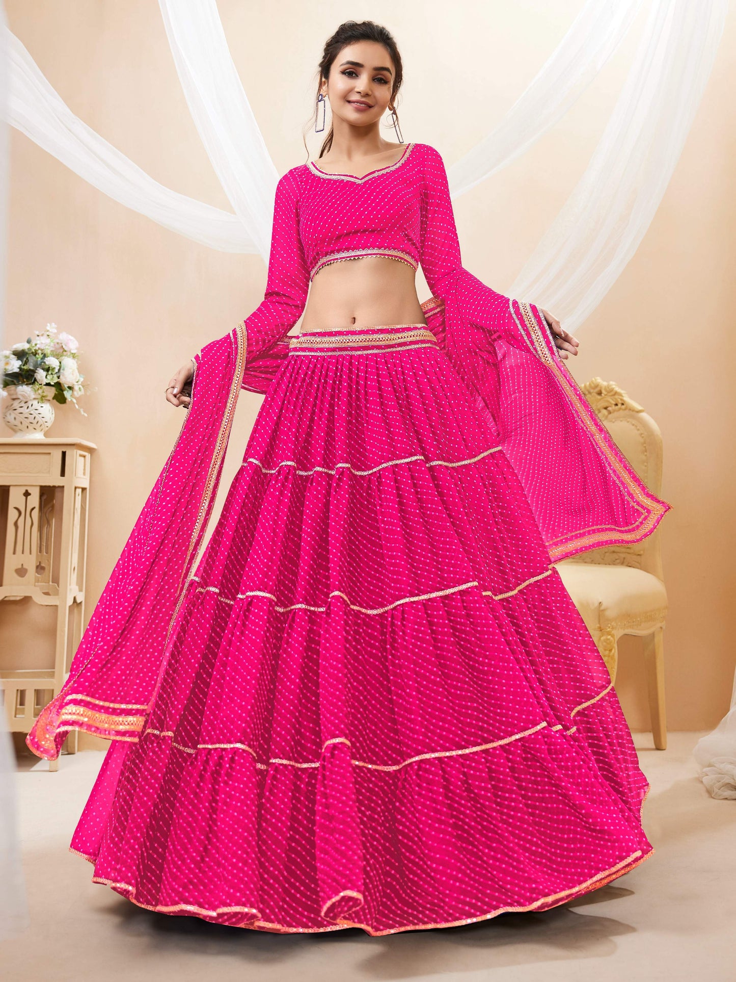 Jyoti Fashion Women's Pink Georgette Leheriya Printed with Lace Work Lehenga Choli & Dupatta | Swadesiicart