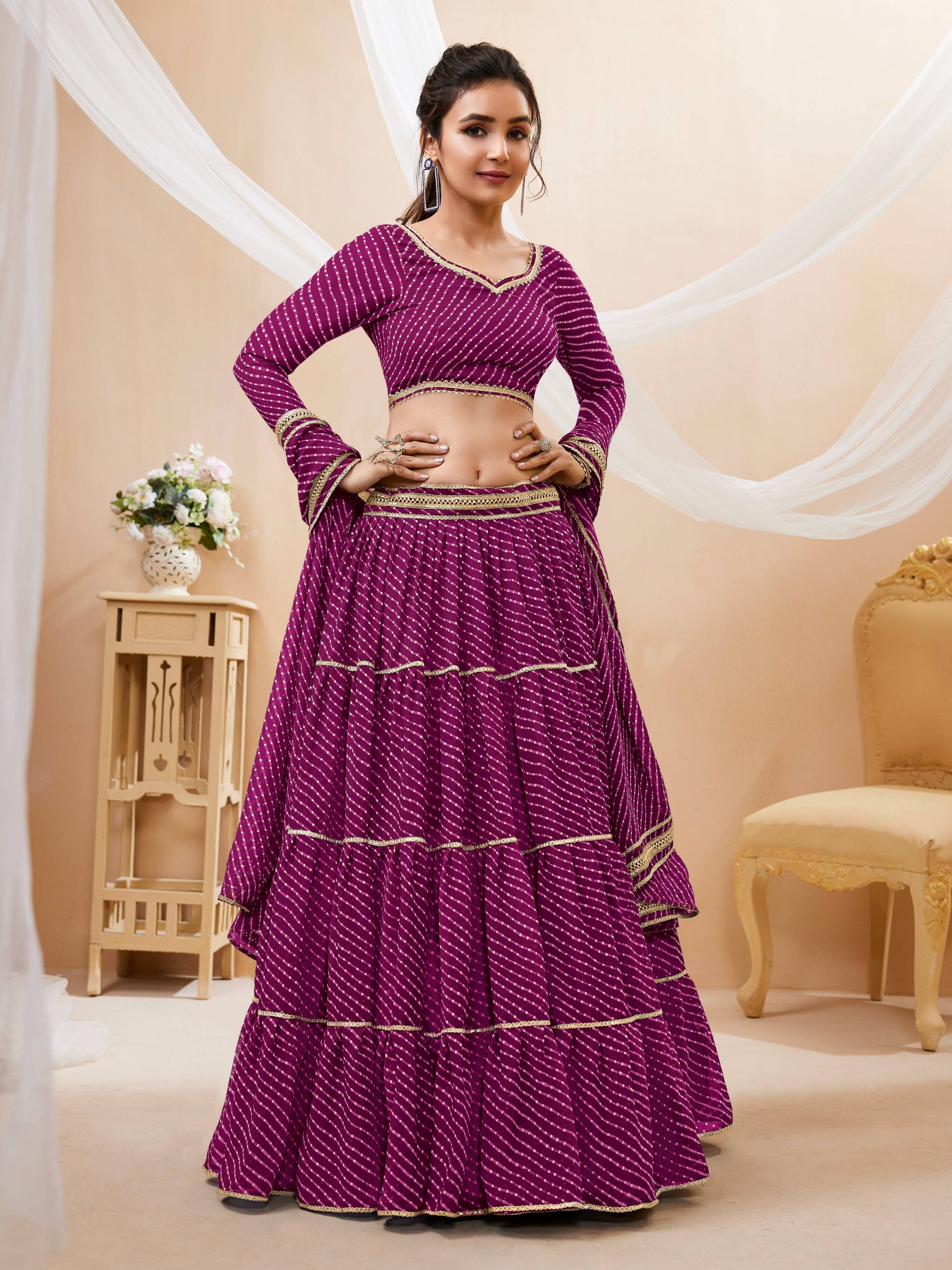 Jyoti Fashion Women's Purple Georgette Leheriya Printed with Lace Work Lehenga Choli & Dupatta | Swadesiicart