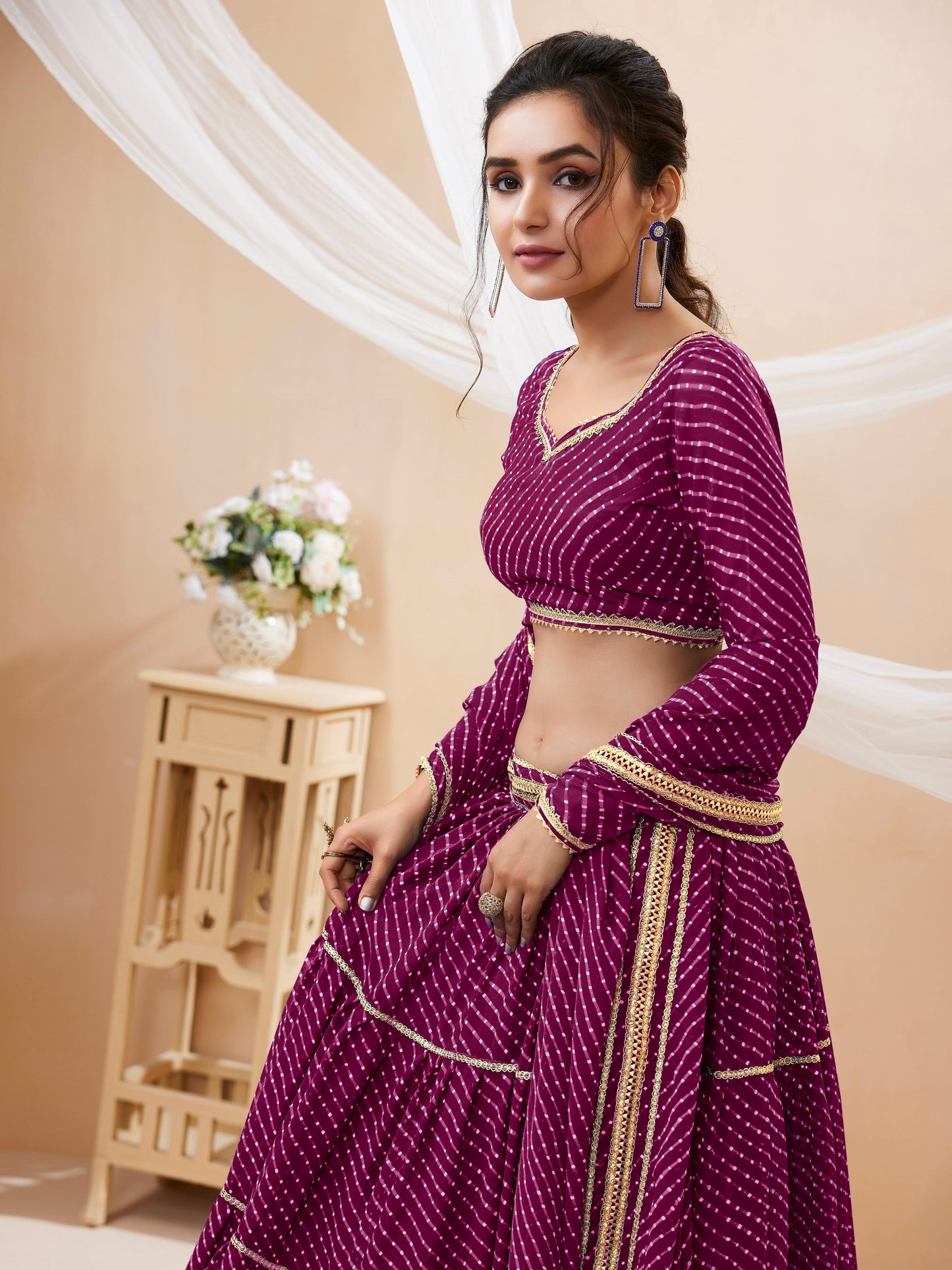 Jyoti Fashion Women's Purple Georgette Leheriya Printed with Lace Work Lehenga Choli & Dupatta | Swadesiicart