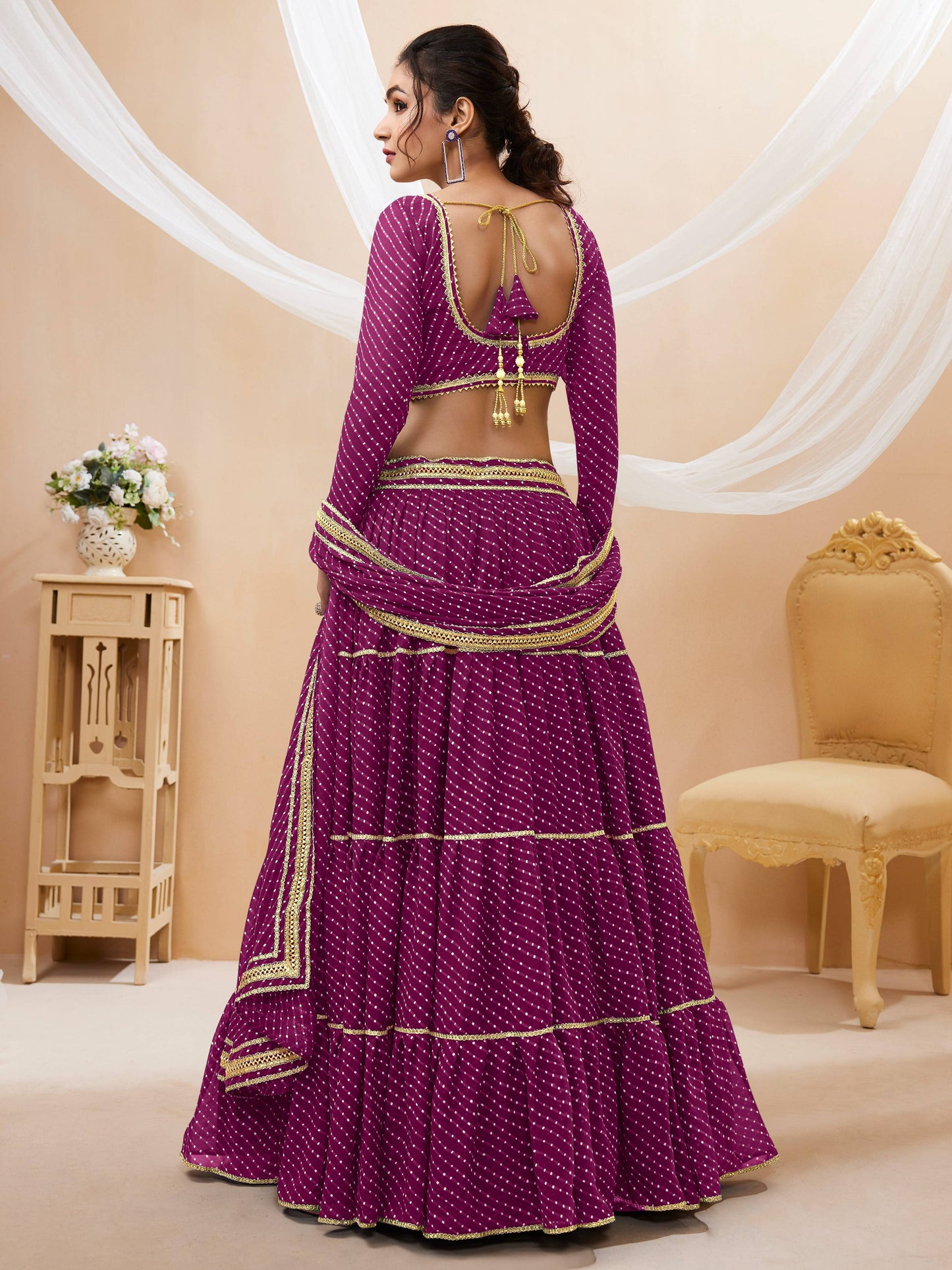 Jyoti Fashion Women's Purple Georgette Leheriya Printed with Lace Work Lehenga Choli & Dupatta | Swadesiicart