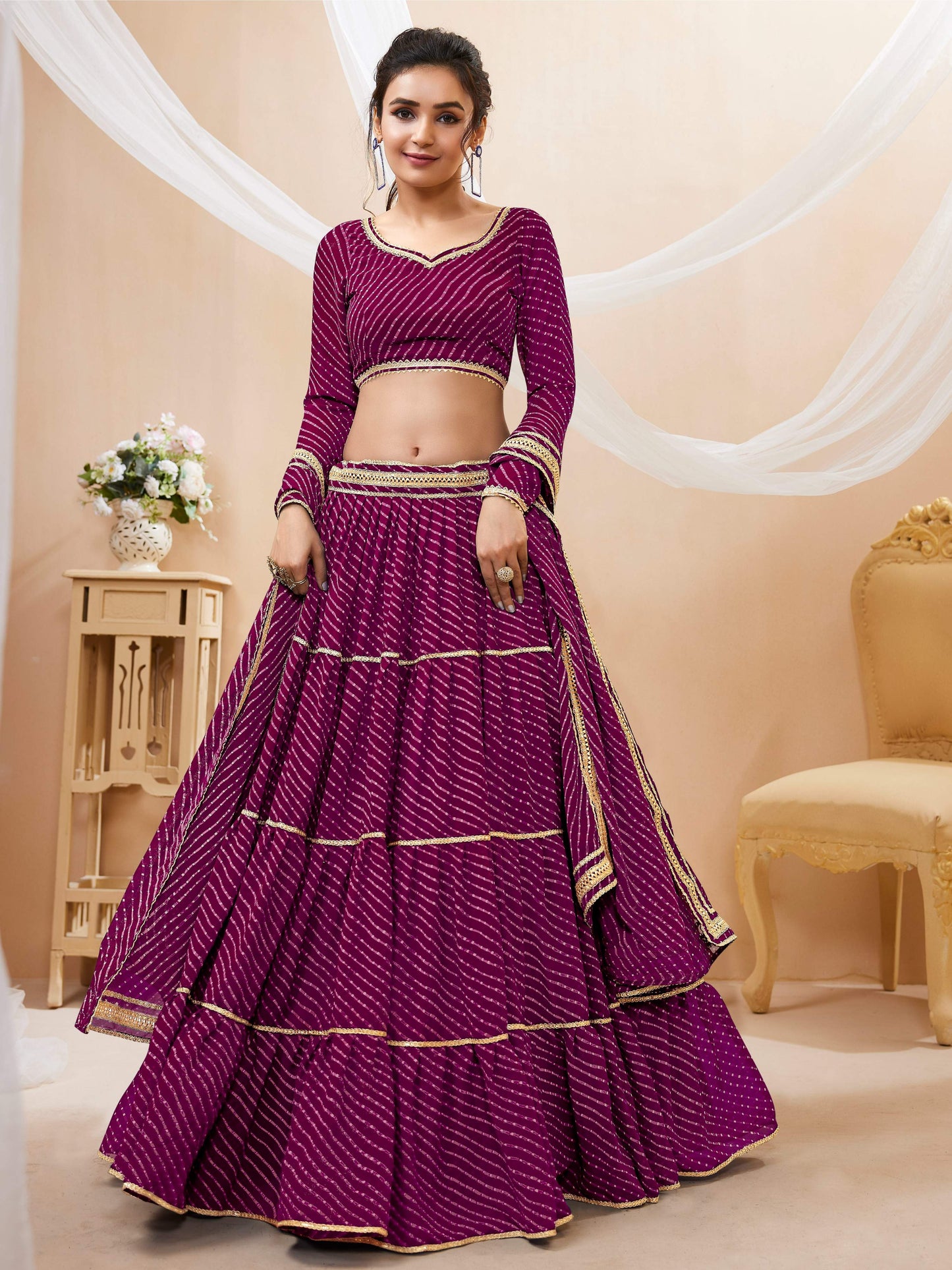 Jyoti Fashion Women's Purple Georgette Leheriya Printed with Lace Work Lehenga Choli & Dupatta | Swadesiicart