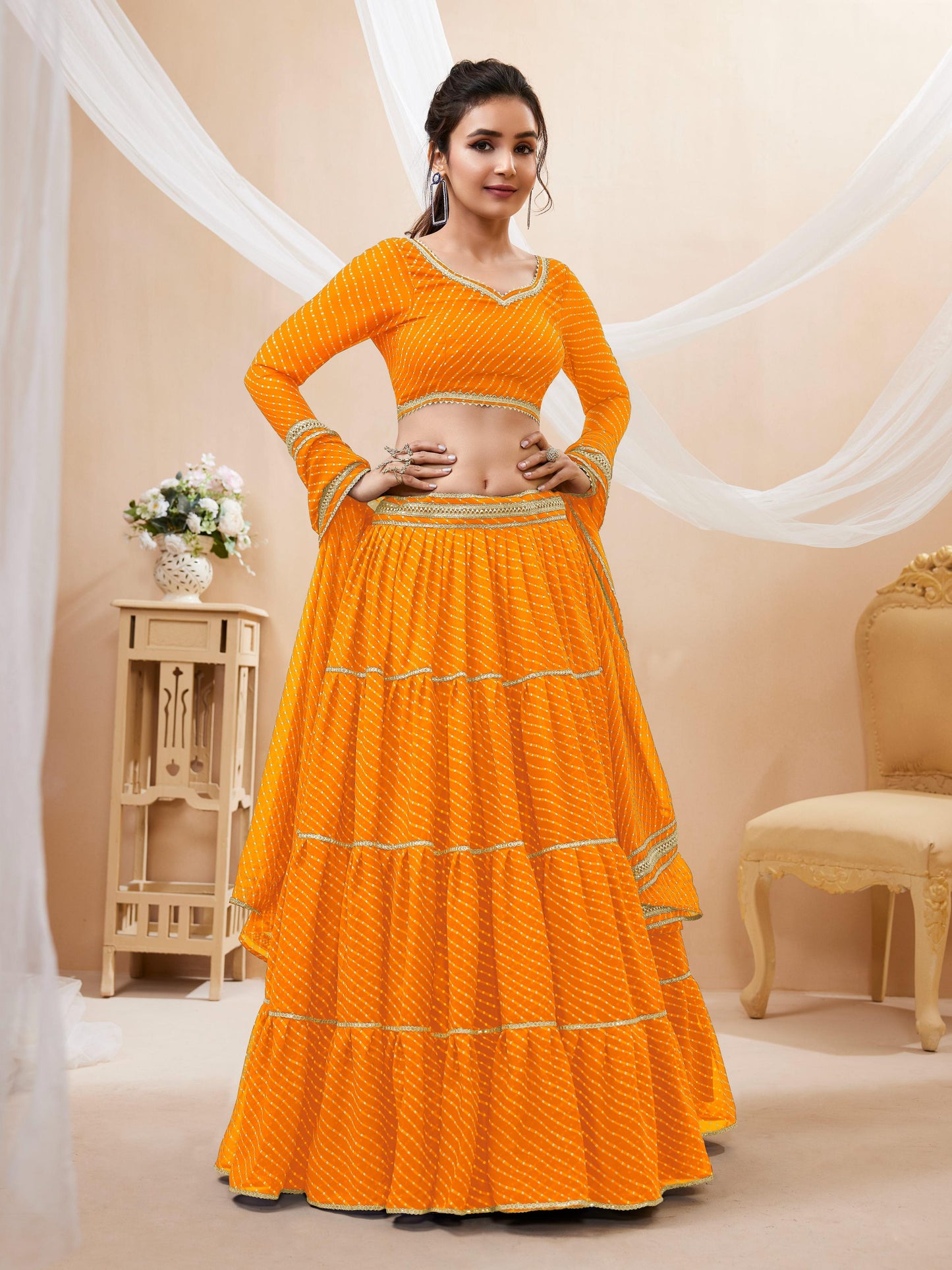 Jyoti Fashion Women's Yellow Georgette Leheriya Printed with Lace Work Lehenga Choli & Dupatta | Swadesiicart