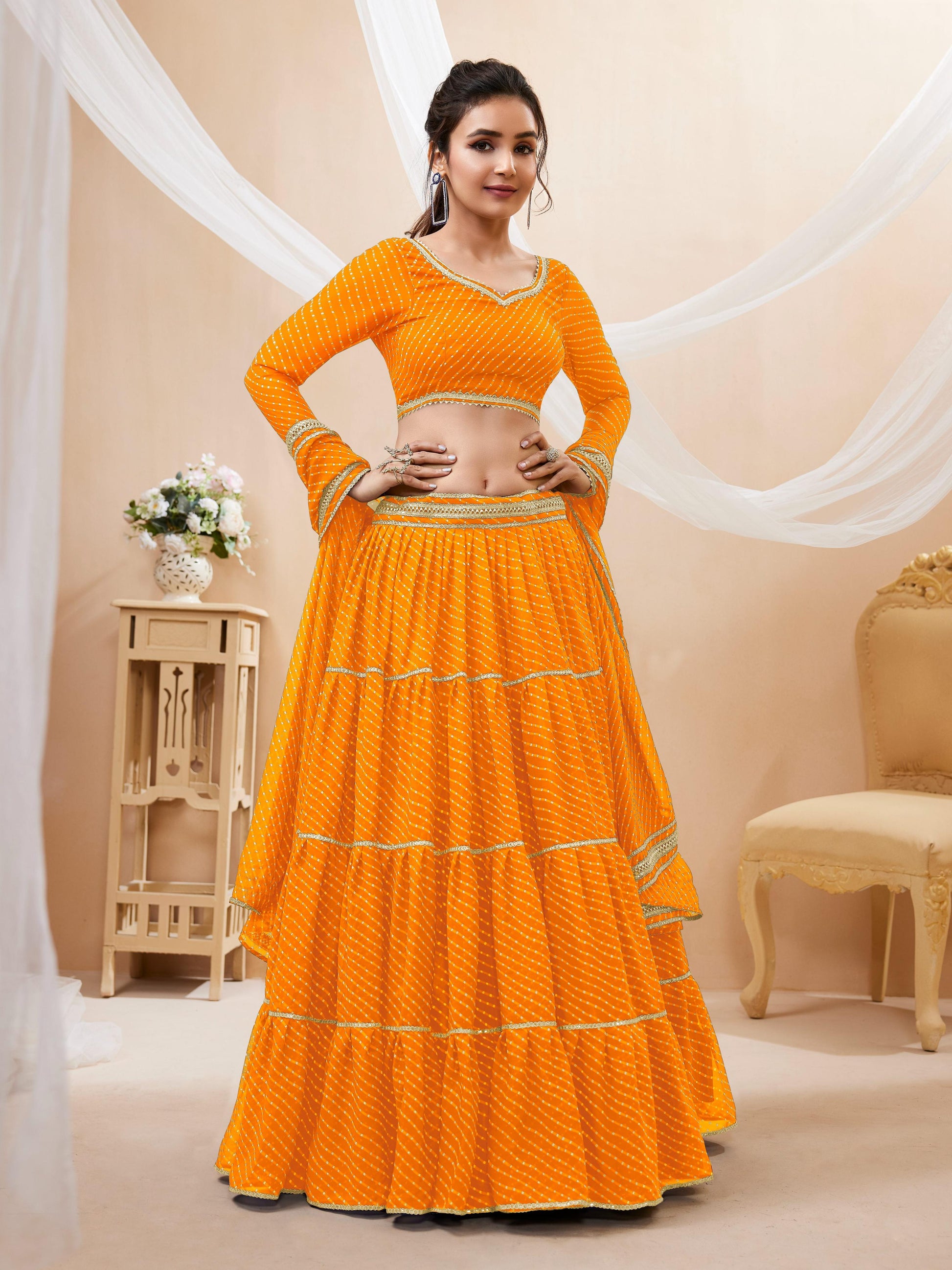 Jyoti Fashion Women's Yellow Georgette Leheriya Printed with Lace Work Lehenga Choli & Dupatta | Swadesiicart
