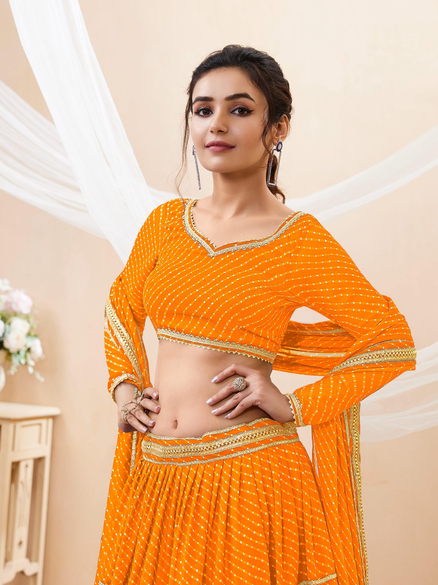 Jyoti Fashion Women's Yellow Georgette Leheriya Printed with Lace Work Lehenga Choli & Dupatta | Swadesiicart