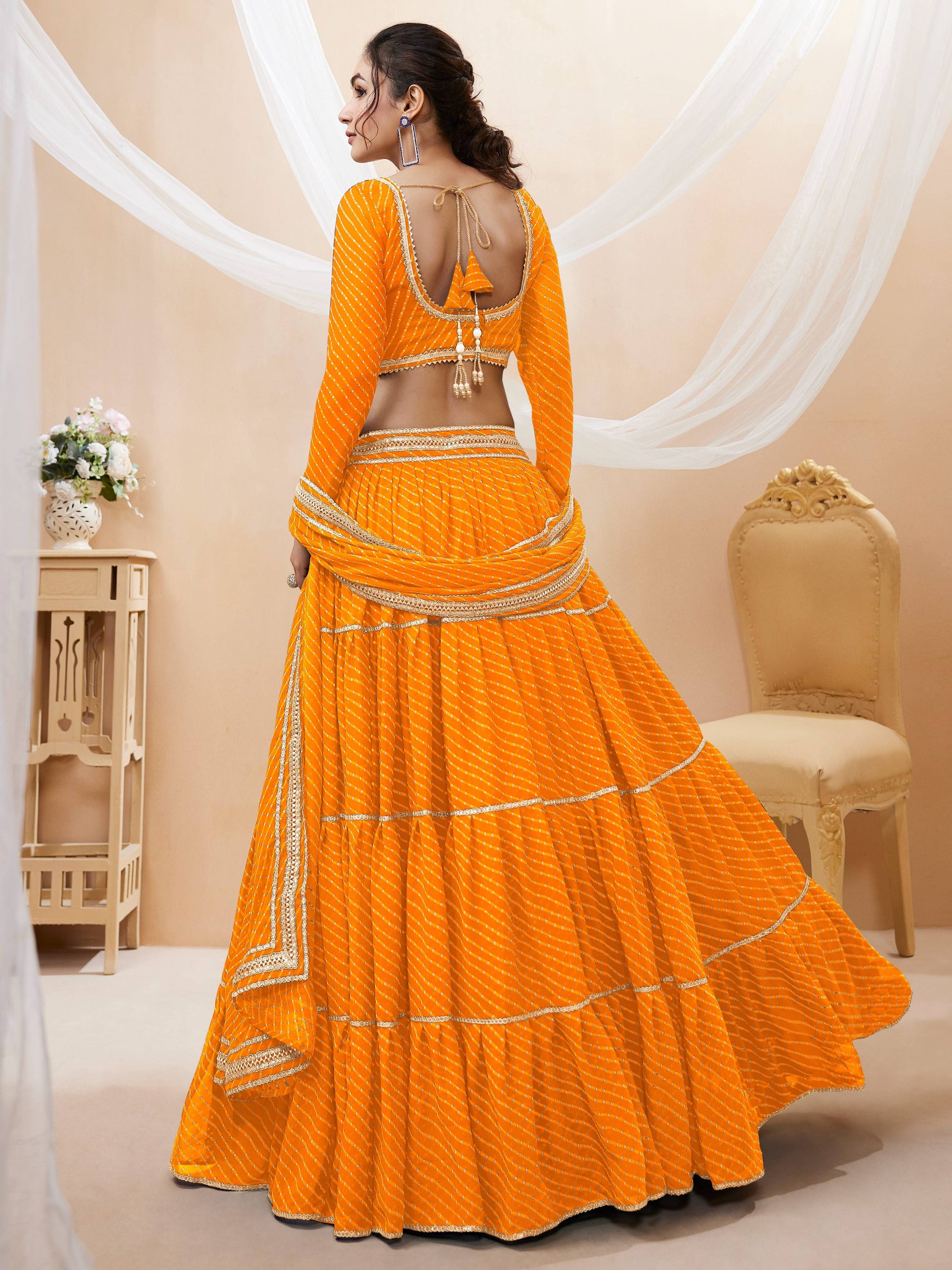 Jyoti Fashion Women's Yellow Georgette Leheriya Printed with Lace Work Lehenga Choli & Dupatta | Swadesiicart