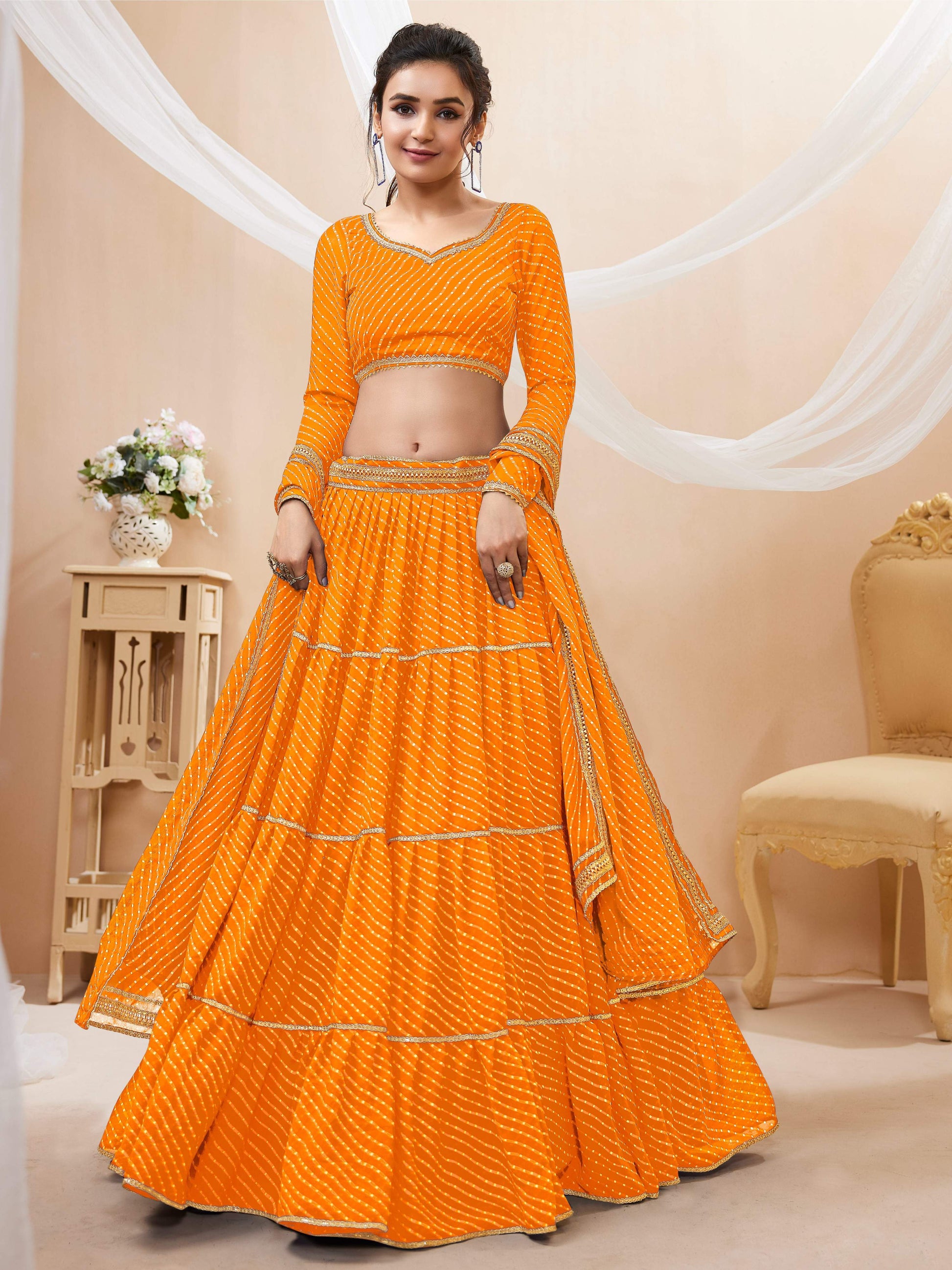 Jyoti Fashion Women's Yellow Georgette Leheriya Printed with Lace Work Lehenga Choli & Dupatta | Swadesiicart