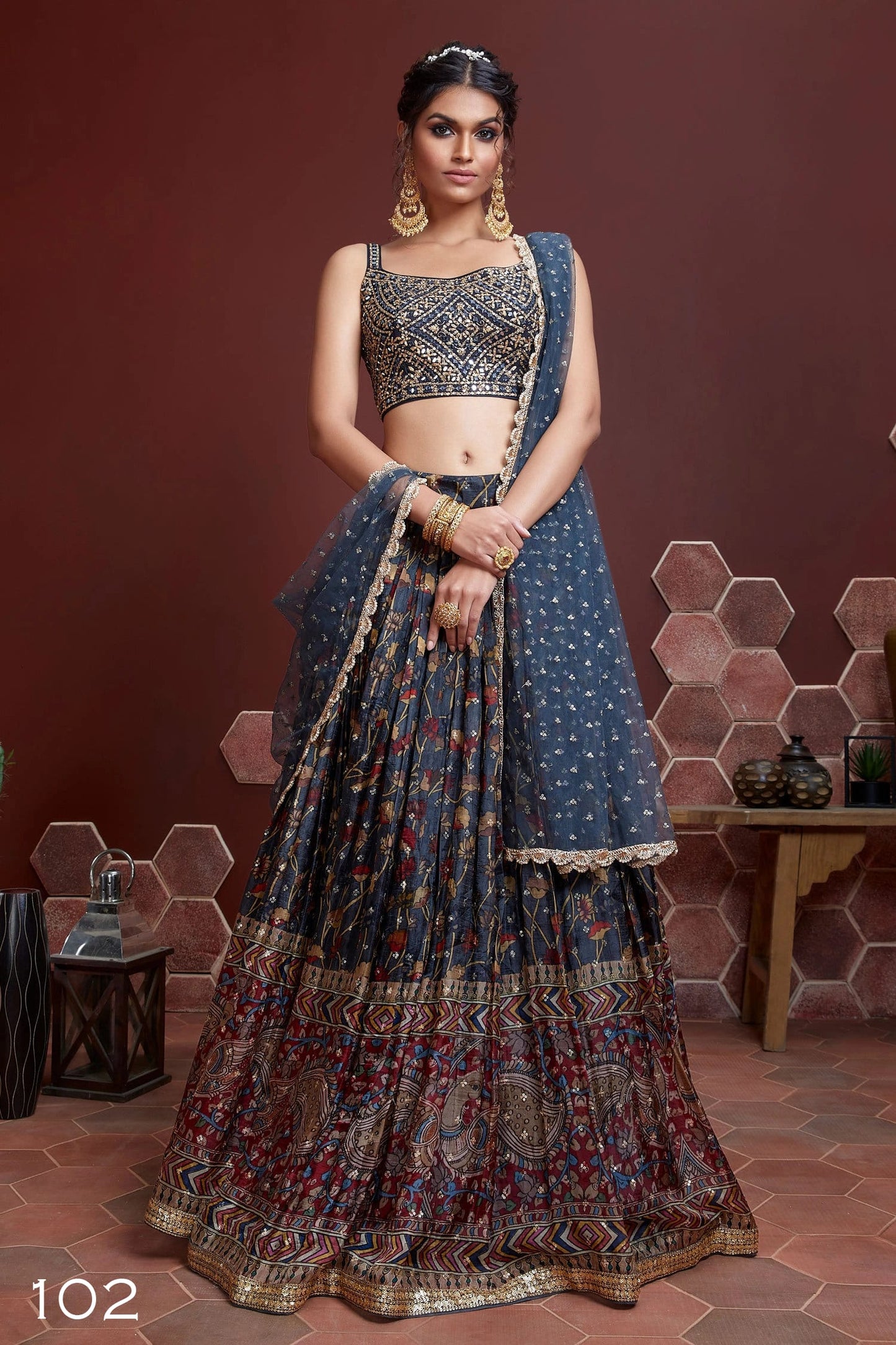 Jyoti Fashion Women's Blue Chinon Silk Digital Print with Heavy Embroidered Lehenga Choli & Dupatta | Swadesiicart