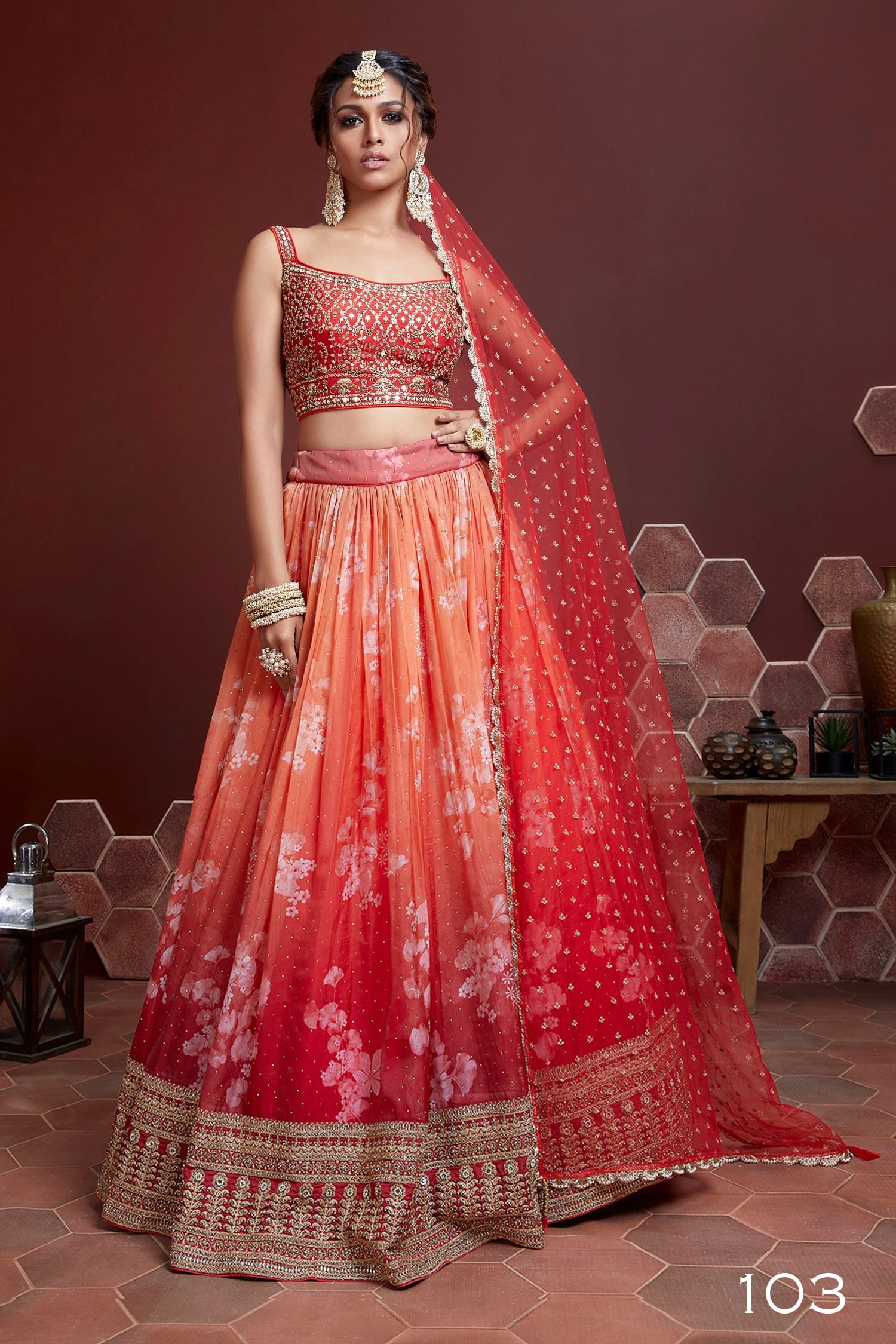 Jyoti Fashion Women's Orange Organza Silk Digital Print with Heavy Embroidered Lehenga Choli & Dupatta | Swadesiicart