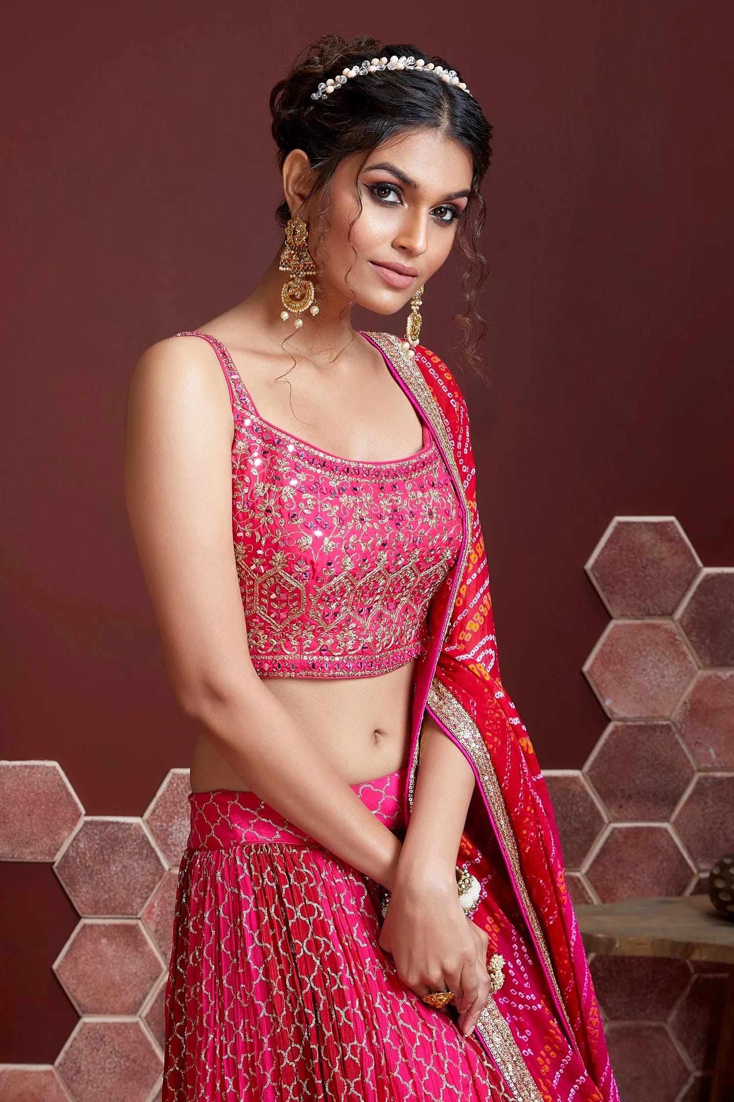 Jyoti Fashion Women's Pink Chinon Silk Digital Print with Heavy Embroidered Lehenga Choli & Dupatta | Swadesiicart