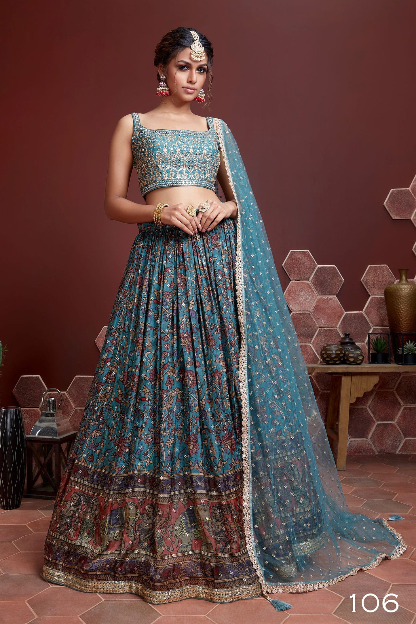 Jyoti Fashion Women's Teal Chinon Silk Digital Print with Heavy Embroidered Lehenga Choli & Dupatta | Swadesiicart