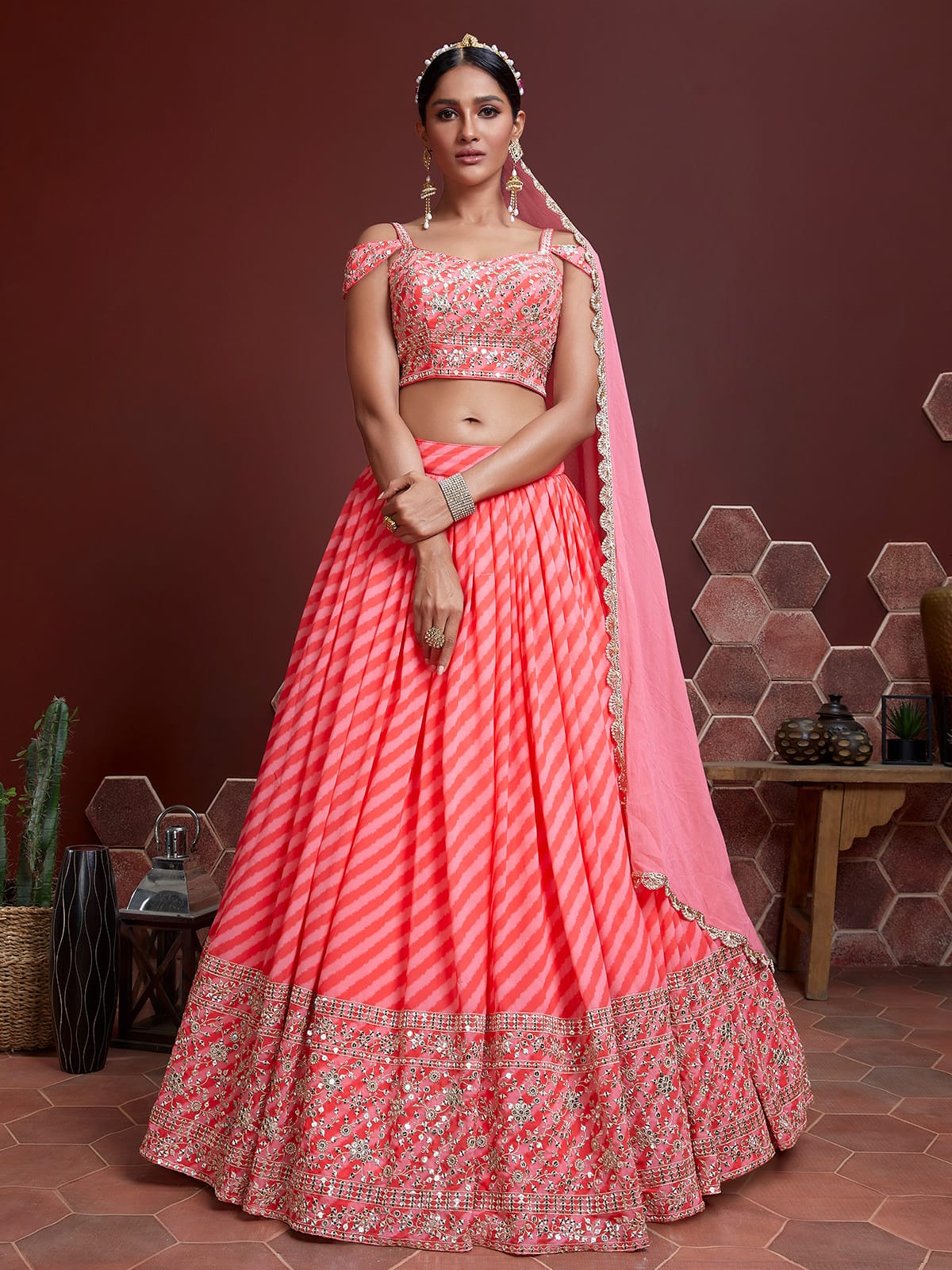 Jyoti Fashion Women's Peach Organza Silk Sequins Zari Embroidered Lehenga Choli & Dupatta | Swadesiicart