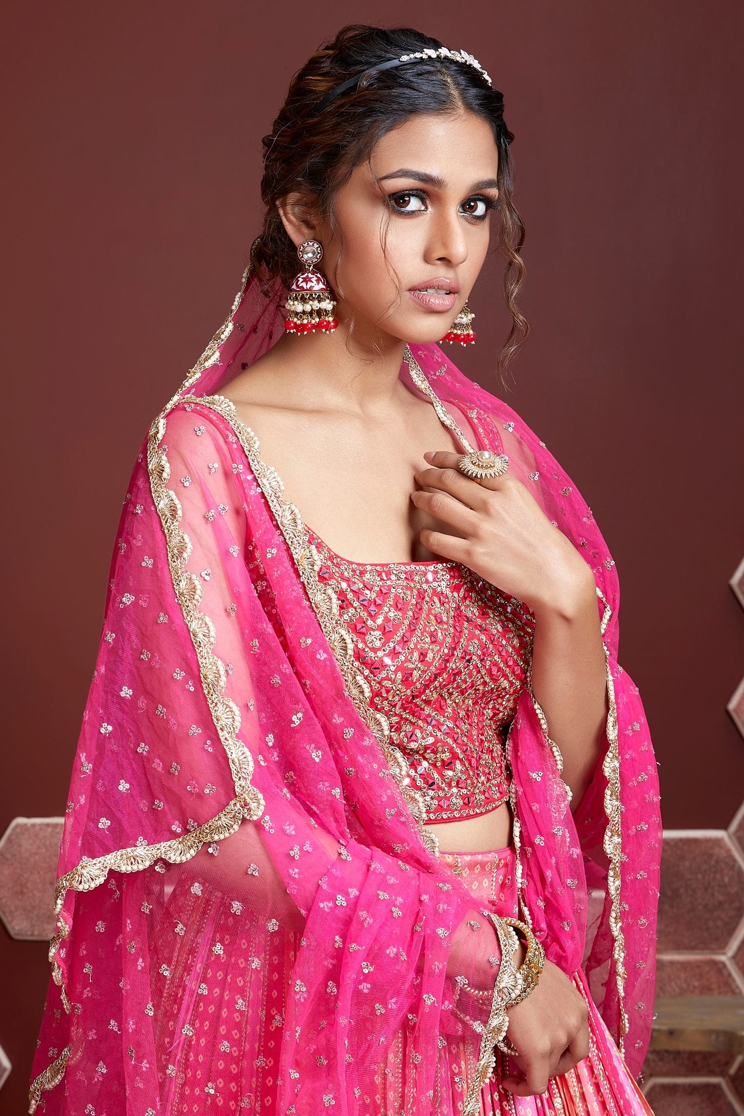 Jyoti Fashion Women's Pink Pure Chinon Silk Digital Print with Heavy Embroidered Lehenga Choli & Dupatta | Swadesiicart