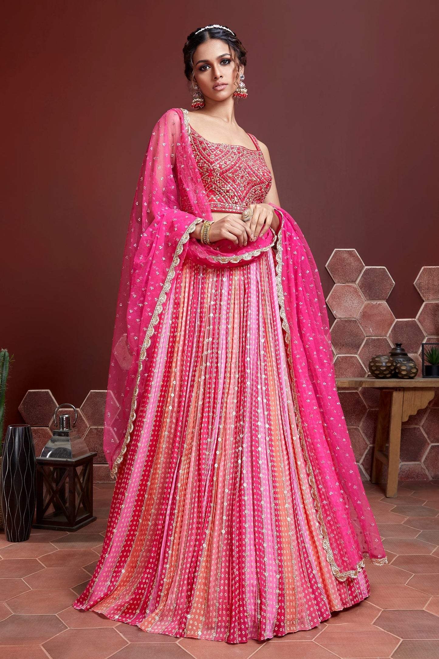 Jyoti Fashion Women's Pink Pure Chinon Silk Digital Print with Heavy Embroidered Lehenga Choli & Dupatta | Swadesiicart
