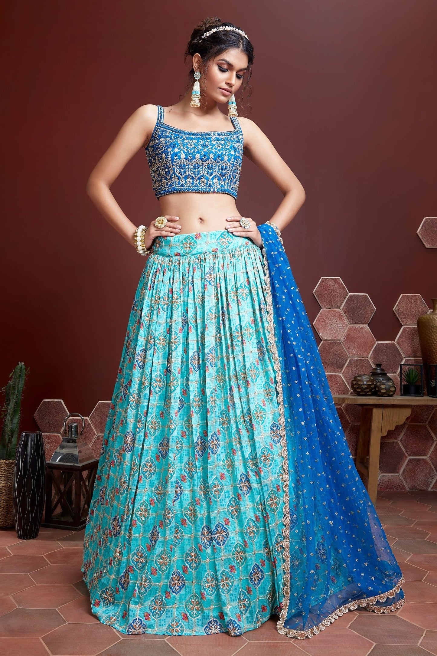 Jyoti Fashion Women's Sky Blue Pure Chinon Silk Digital Print with Heavy Embroidered Lehenga Choli & Dupatta | Swadesiicart
