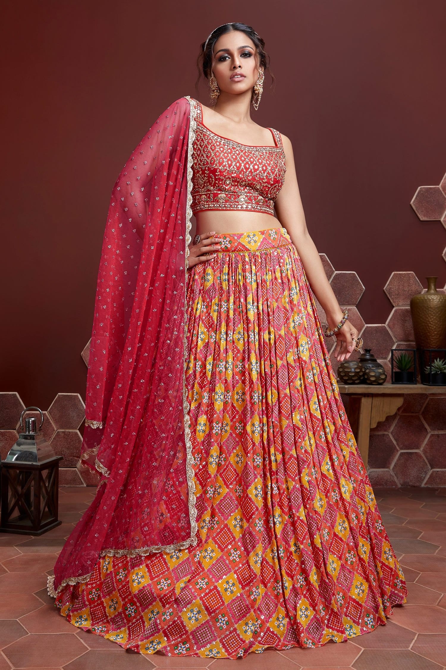 Jyoti Fashion Women's Red Pure Chinon Silk Digital Print with Heavy Embroidered Lehenga Choli & Dupatta | Swadesiicart