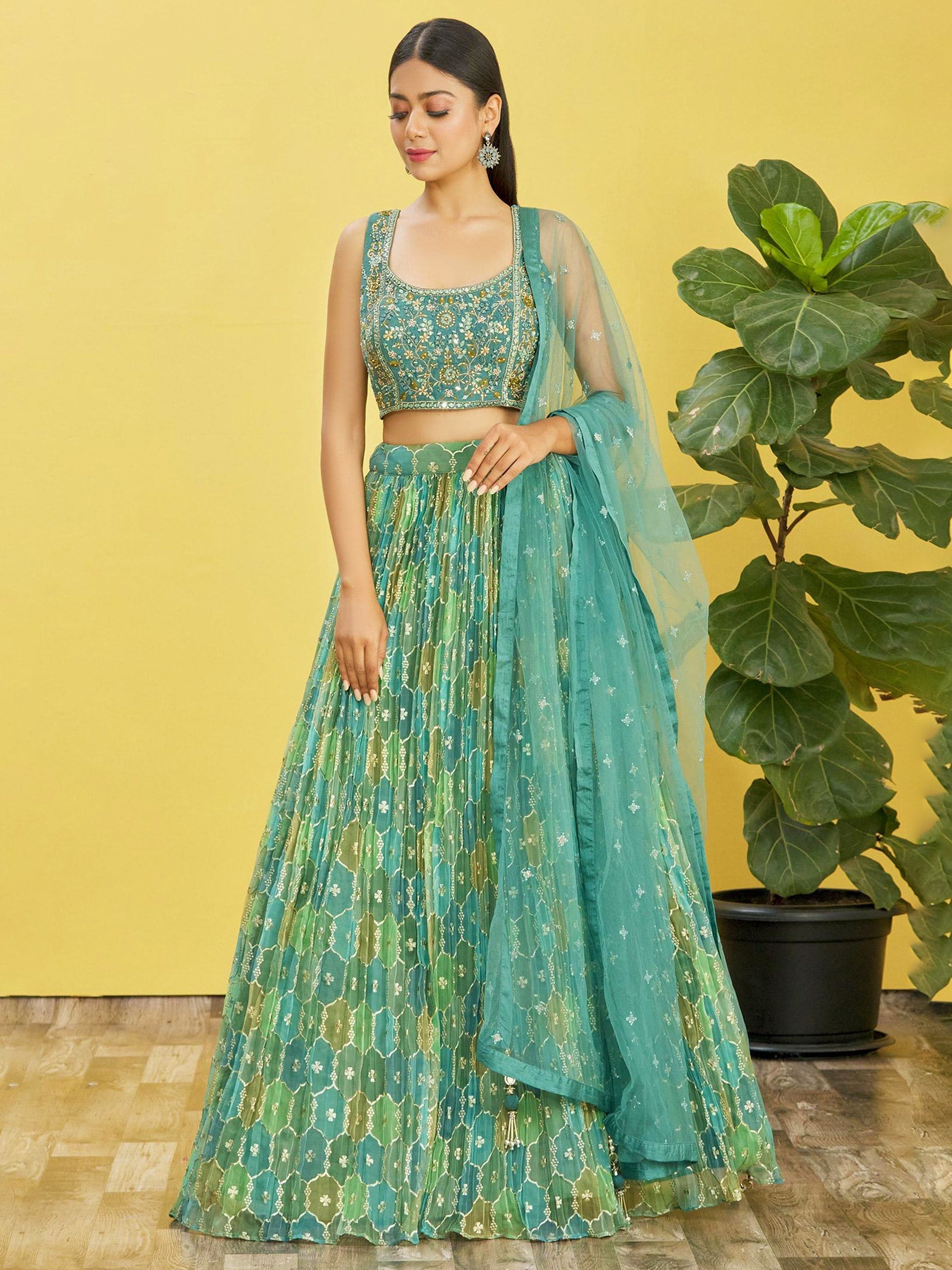 Jyoti Fashion Women's Green Organza Real Mirror with Sequins Thread Embroidered Lehenga Choli & Dupatta | Swadesiicart