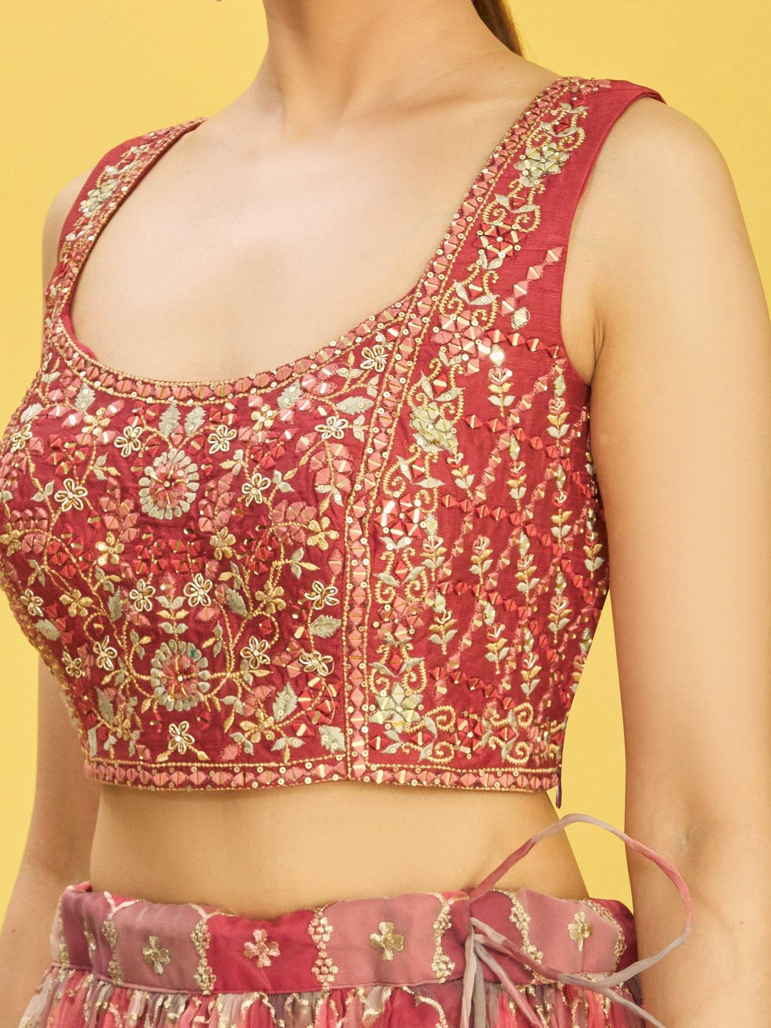 Jyoti Fashion Women's Brown Organza Real Mirror with Sequins Thread Embroidered Lehenga Choli & Dupatta | Swadesiicart