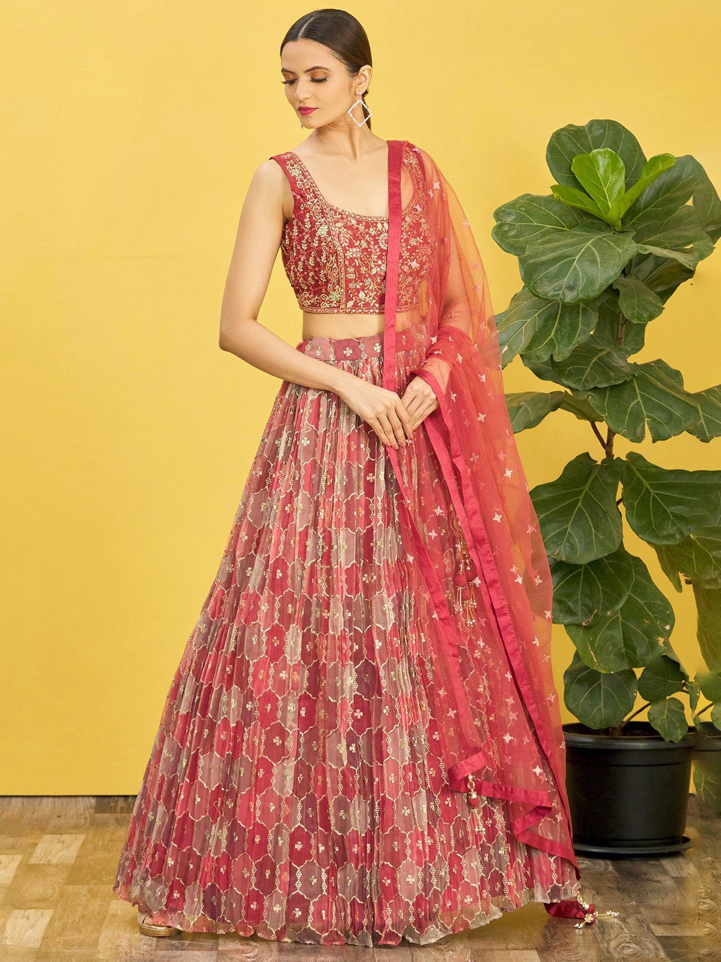 Jyoti Fashion Women's Brown Organza Real Mirror with Sequins Thread Embroidered Lehenga Choli & Dupatta | Swadesiicart