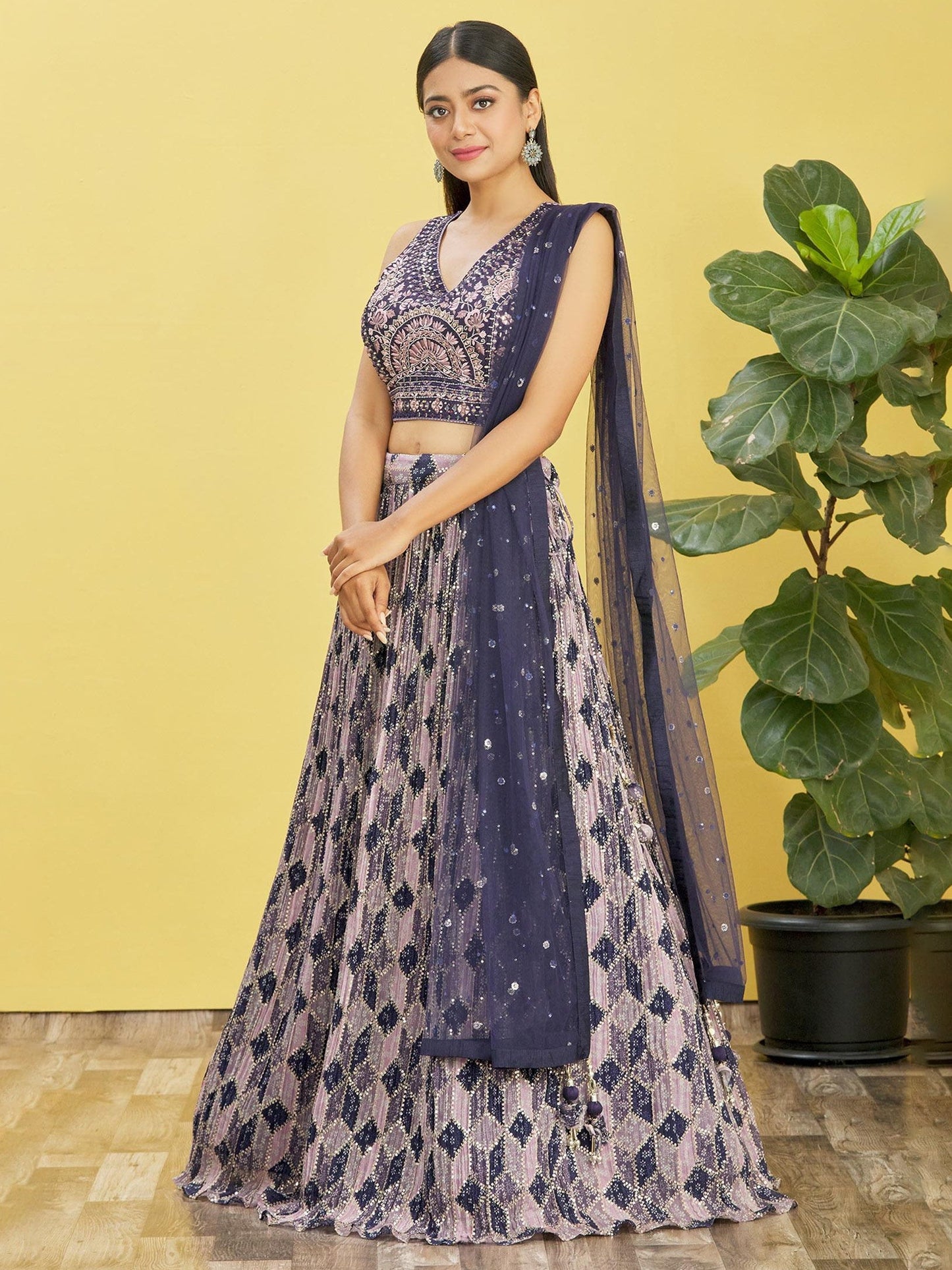 Jyoti Fashion Women's Blue Chinon Real Mirror with Sequins Thread Embroidered Lehenga Choli & Dupatta | Swadesiicart