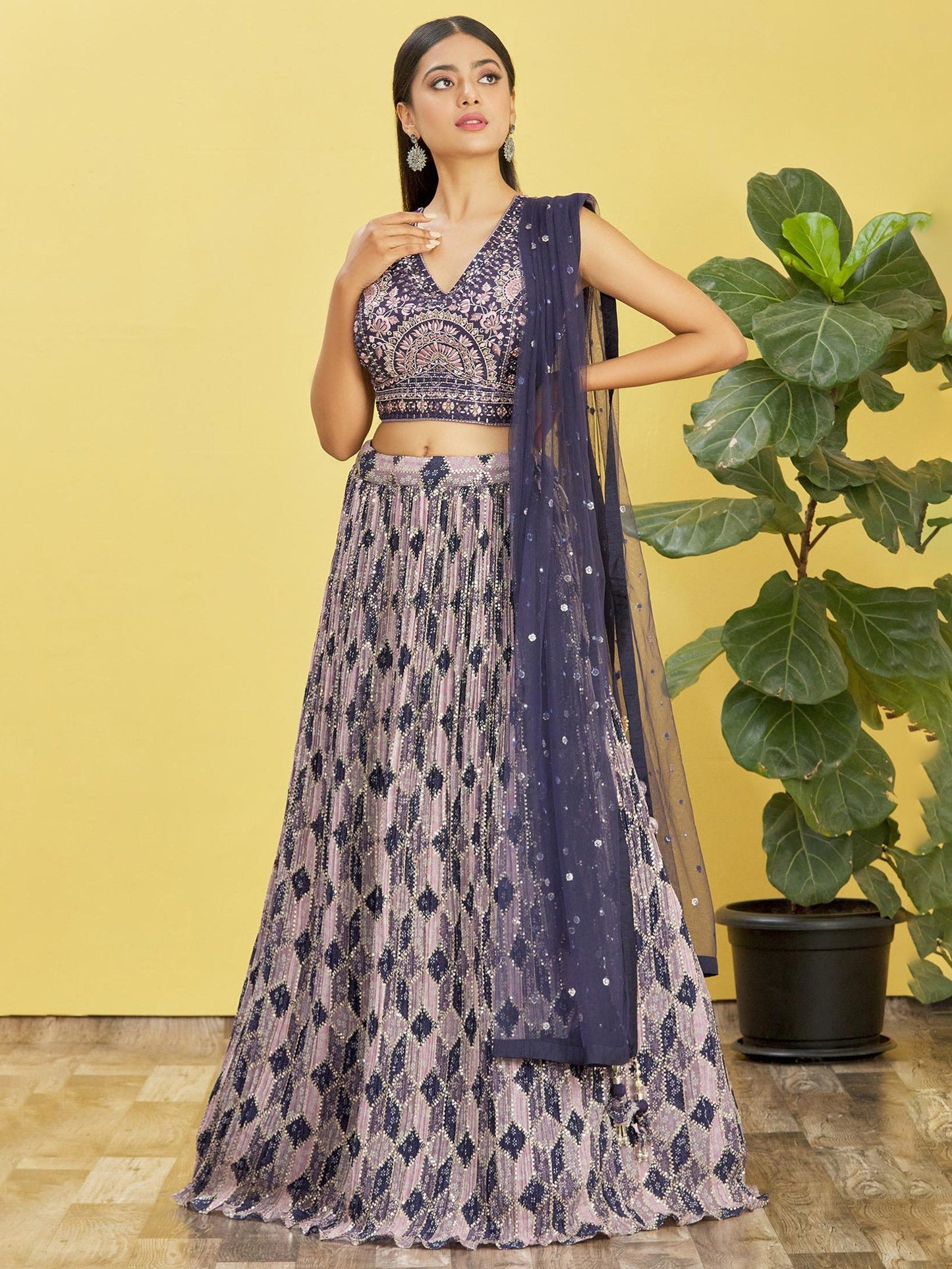 Jyoti Fashion Women's Blue Chinon Real Mirror with Sequins Thread Embroidered Lehenga Choli & Dupatta | Swadesiicart