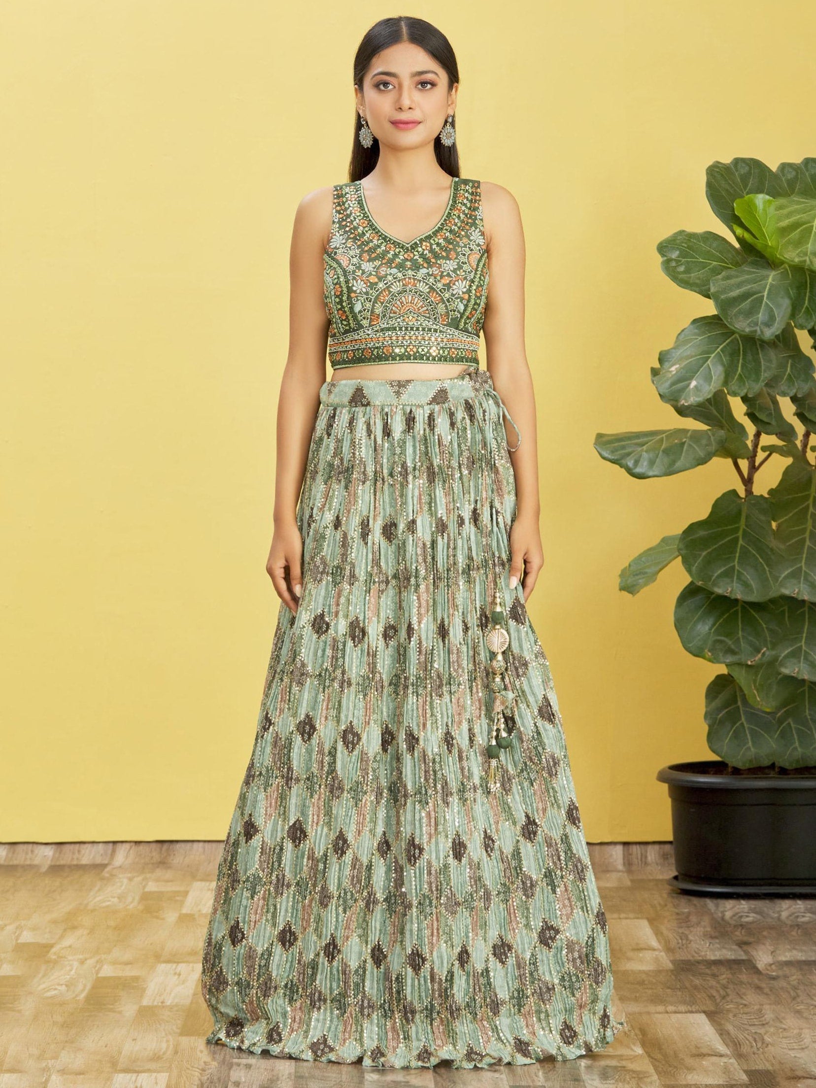 Jyoti Fashion Women's Green Chinon Real Mirror with Sequins Thread Embroidered Lehenga Choli & Dupatta | Swadesiicart