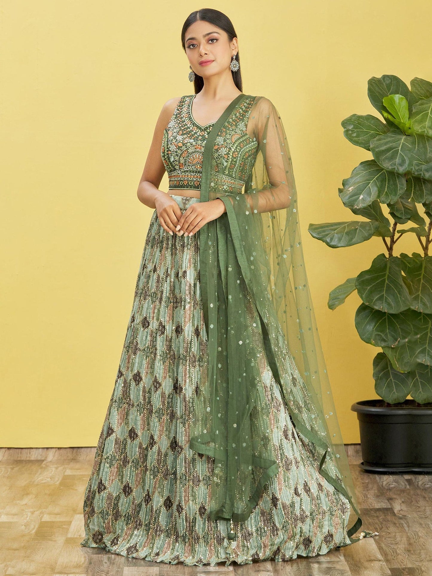 Jyoti Fashion Women's Green Chinon Real Mirror with Sequins Thread Embroidered Lehenga Choli & Dupatta | Swadesiicart