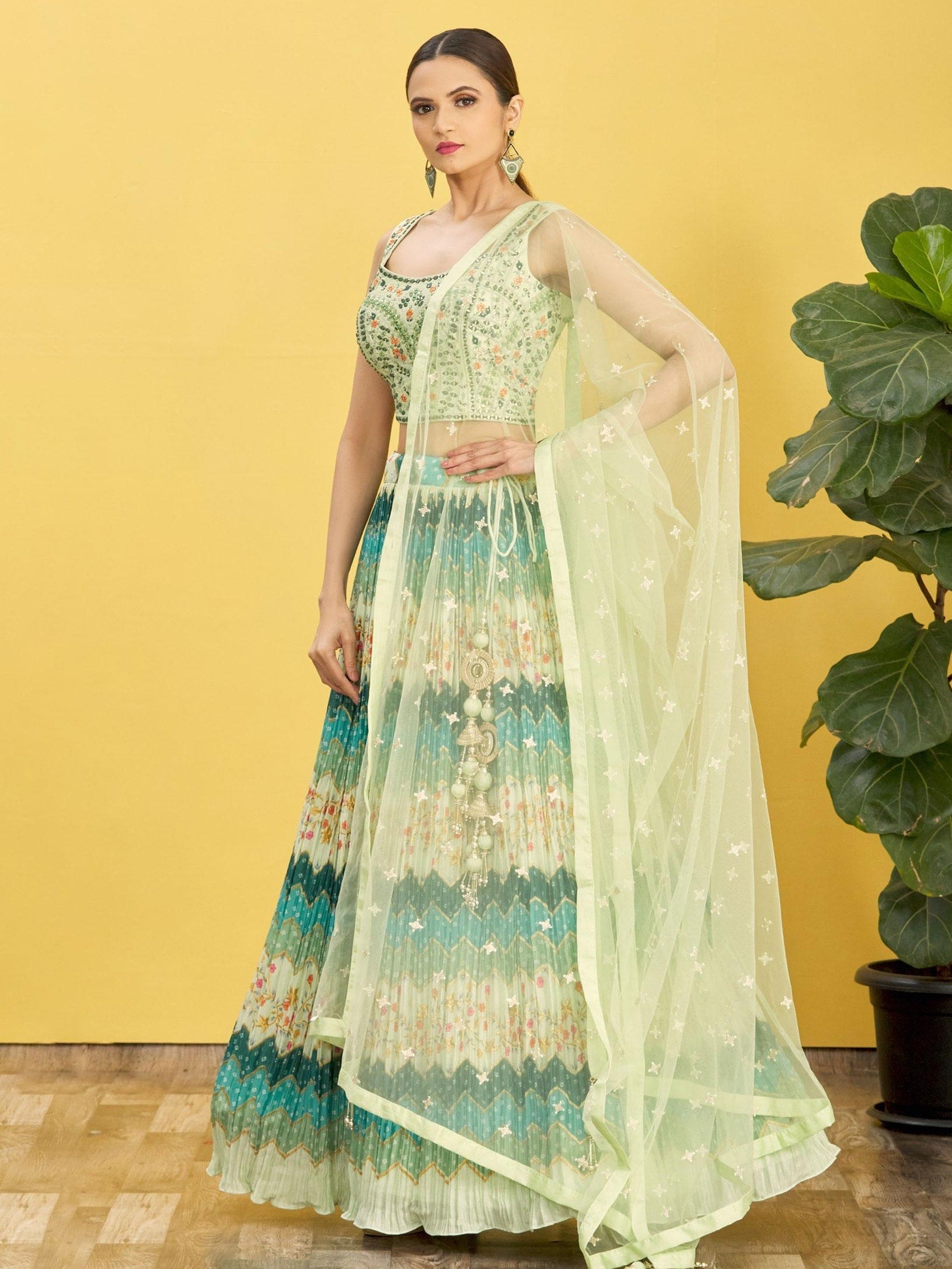 Jyoti Fashion Women's Green Chinon Real Mirror with Sequins Thread Embroidered Lehenga Choli & Dupatta | Swadesiicart