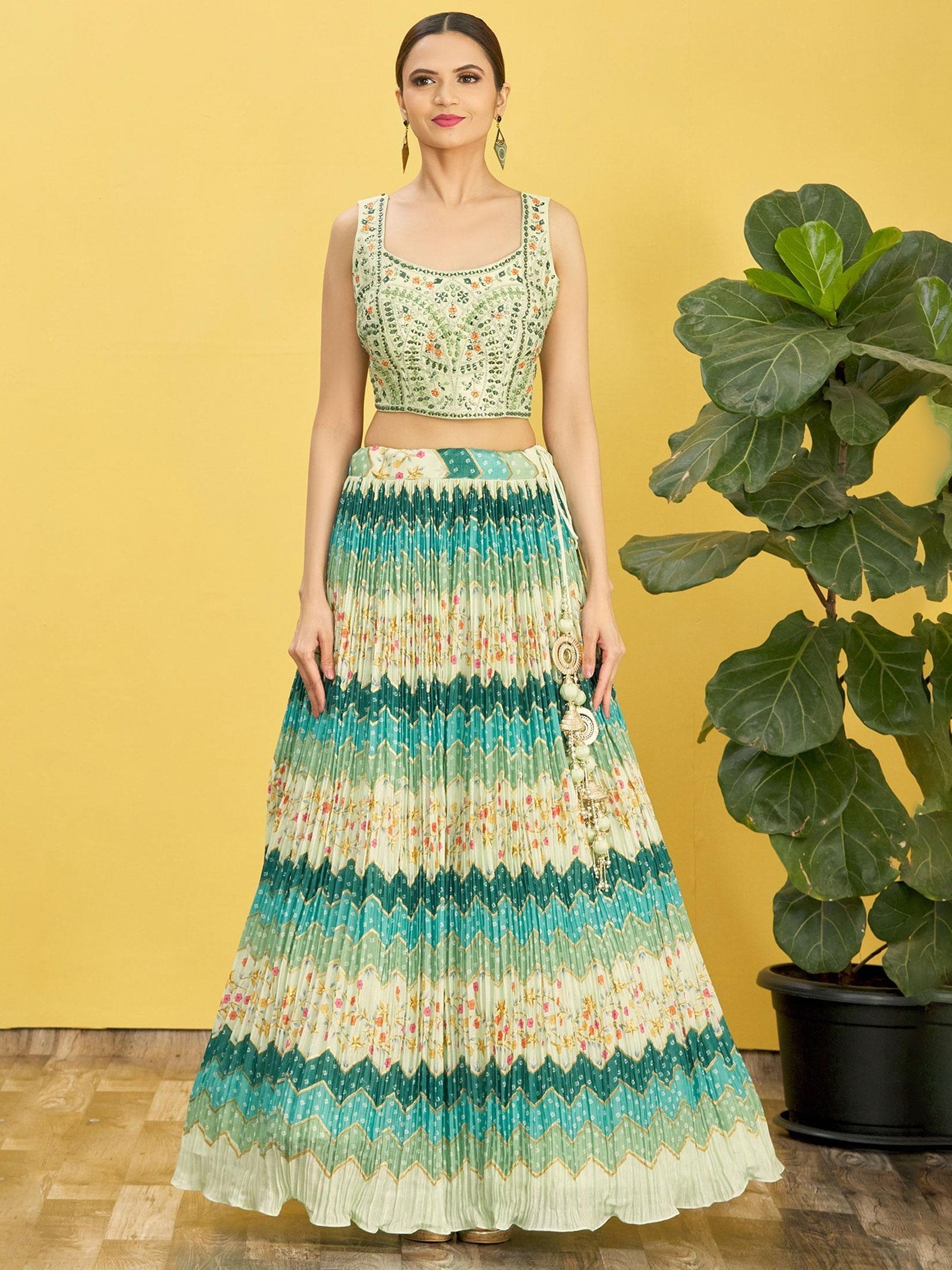 Jyoti Fashion Women's Green Chinon Real Mirror with Sequins Thread Embroidered Lehenga Choli & Dupatta | Swadesiicart