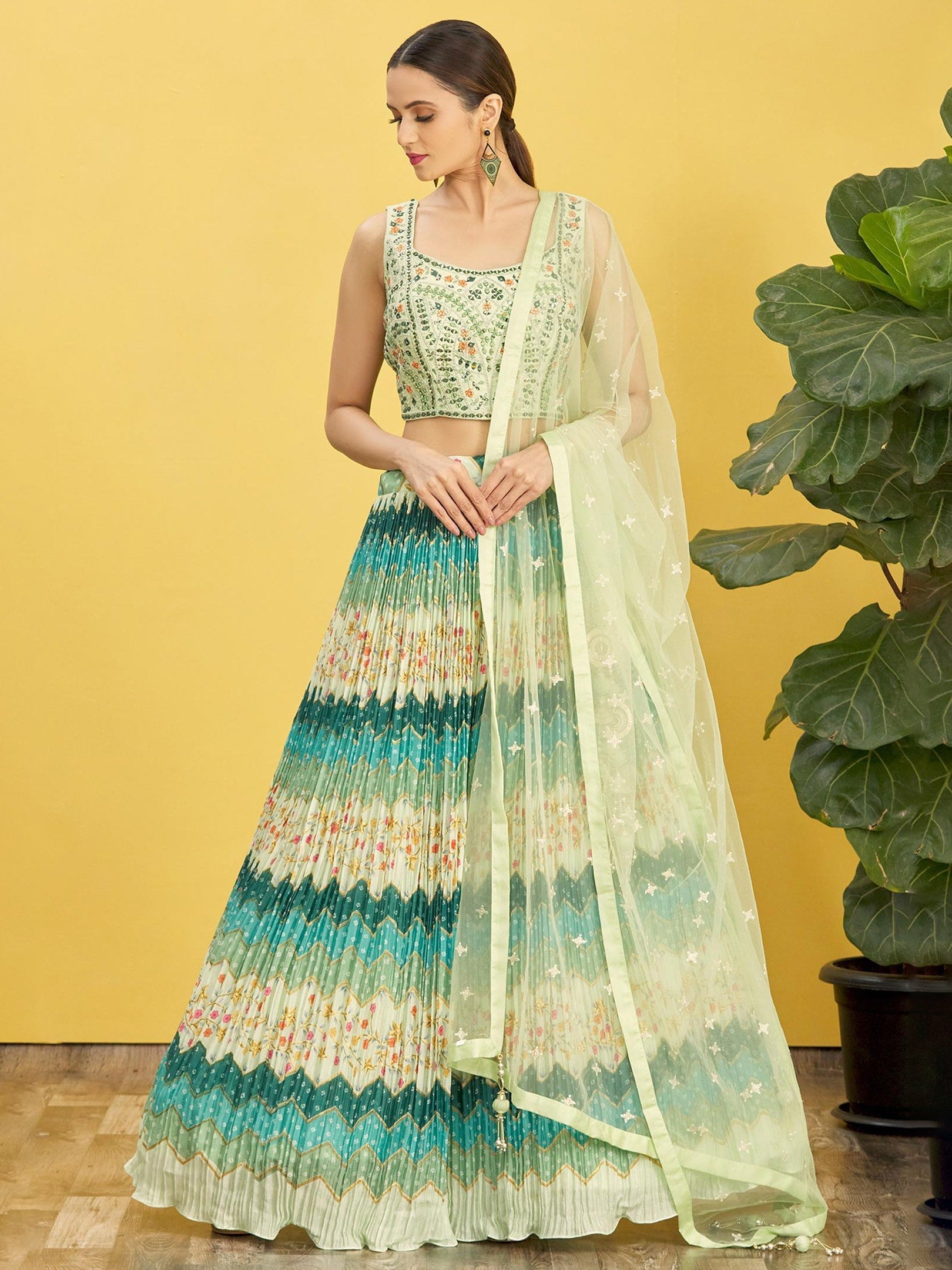 Jyoti Fashion Women's Green Chinon Real Mirror with Sequins Thread Embroidered Lehenga Choli & Dupatta | Swadesiicart