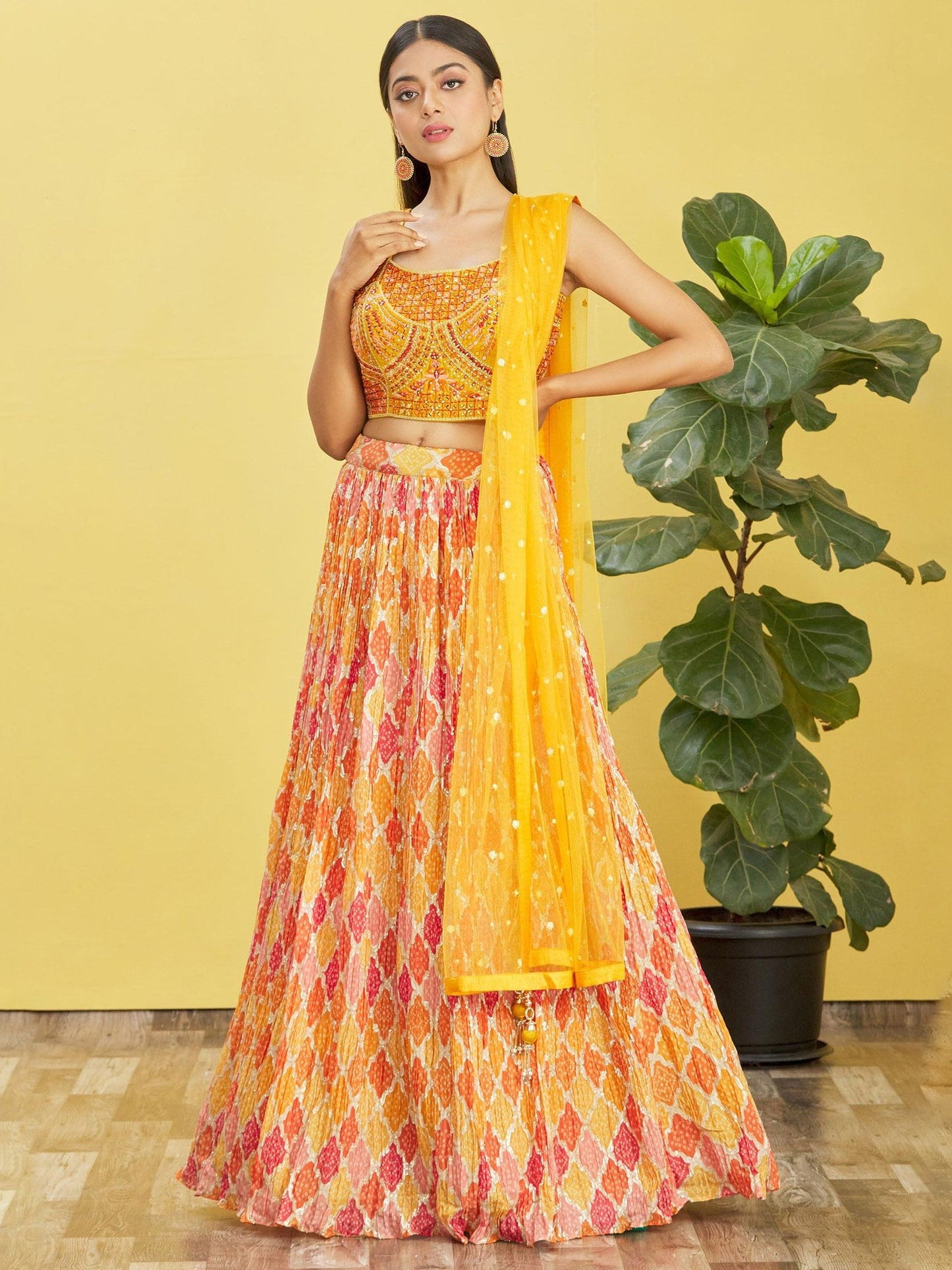 Jyoti Fashion Women's Yellow Chinon Real Mirror with Sequins Thread Embroidered Lehenga Choli & Dupatta | Swadesiicart