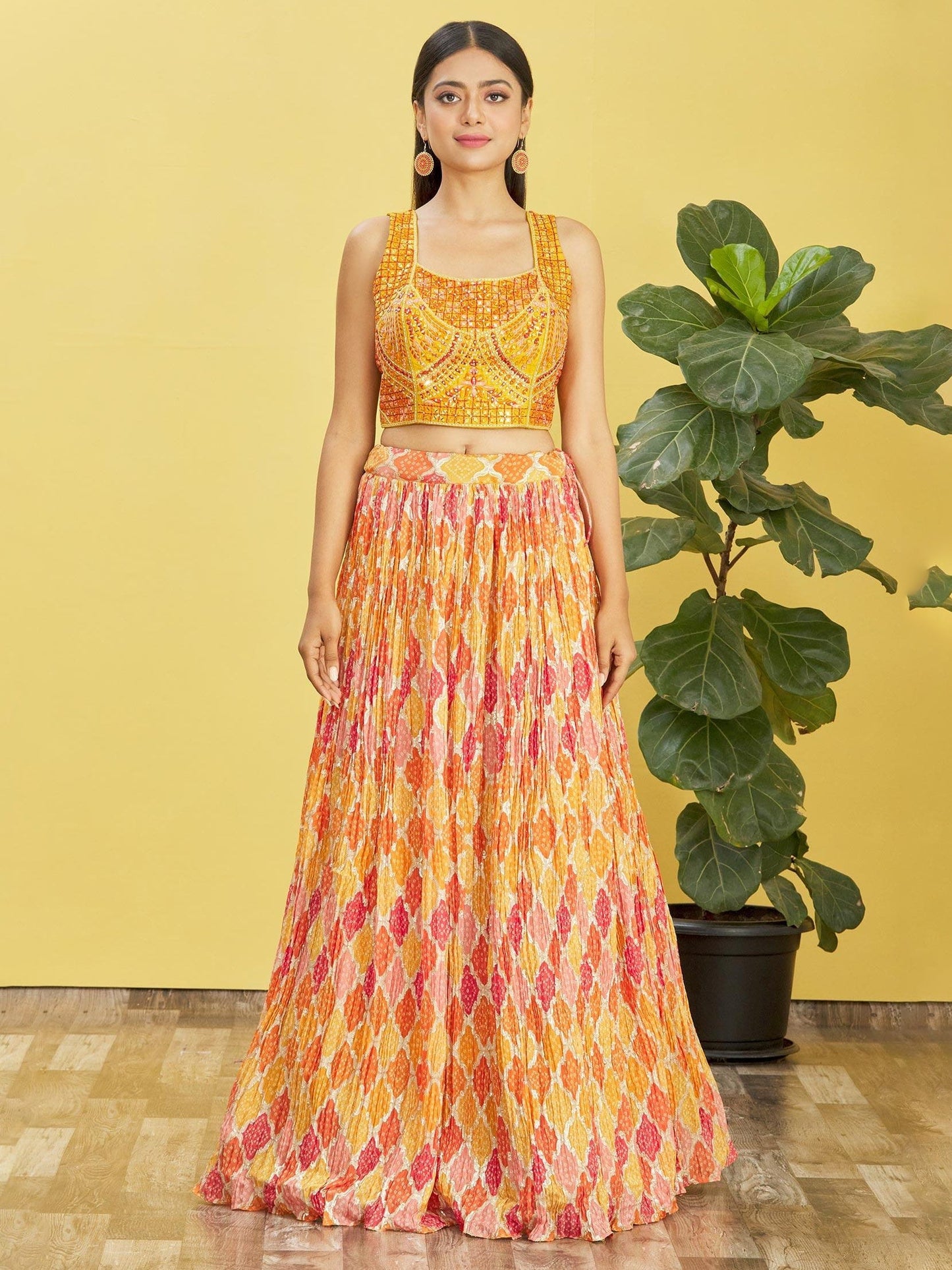 Jyoti Fashion Women's Yellow Chinon Real Mirror with Sequins Thread Embroidered Lehenga Choli & Dupatta | Swadesiicart
