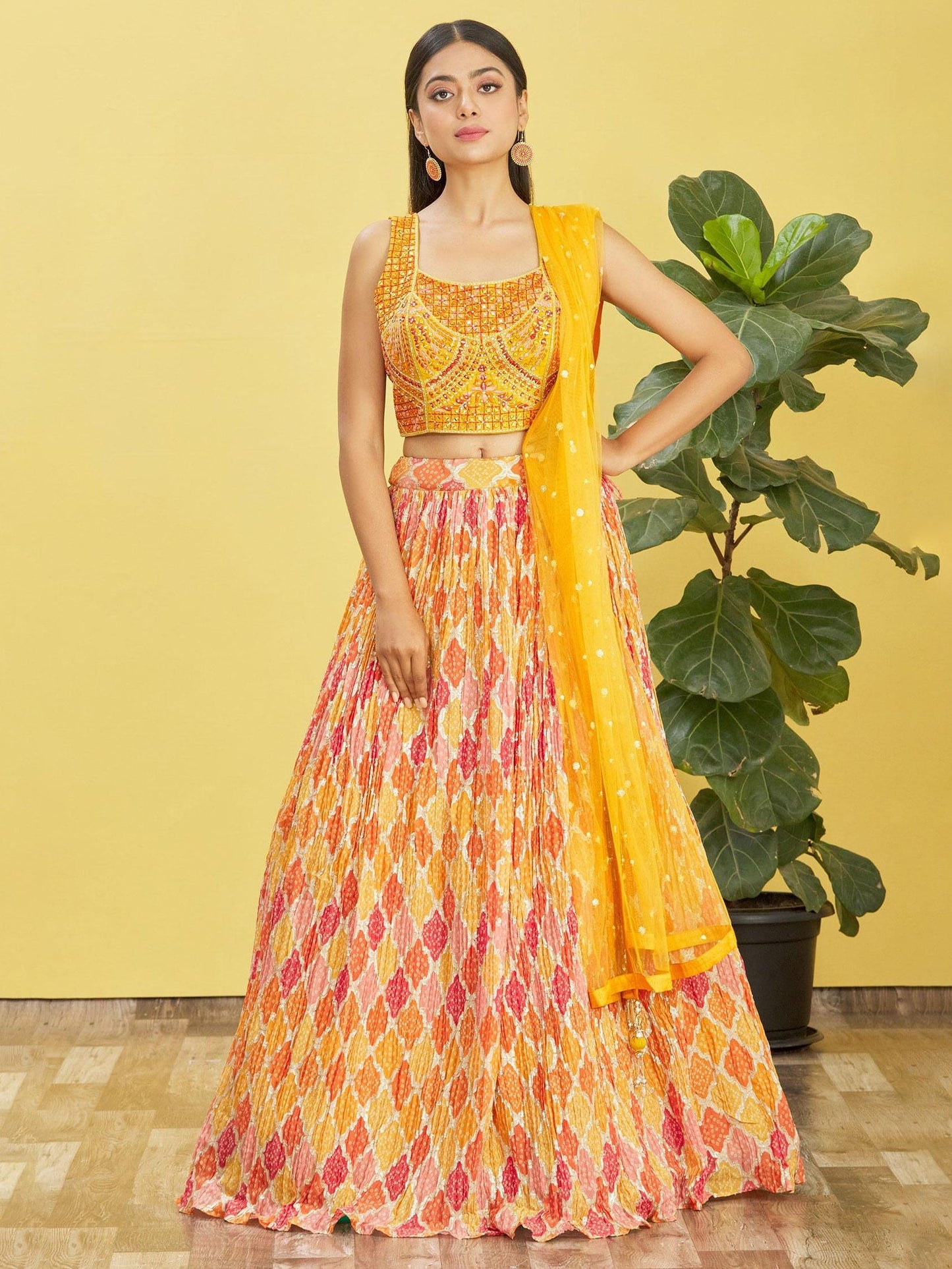 Jyoti Fashion Women's Yellow Chinon Real Mirror with Sequins Thread Embroidered Lehenga Choli & Dupatta | Swadesiicart