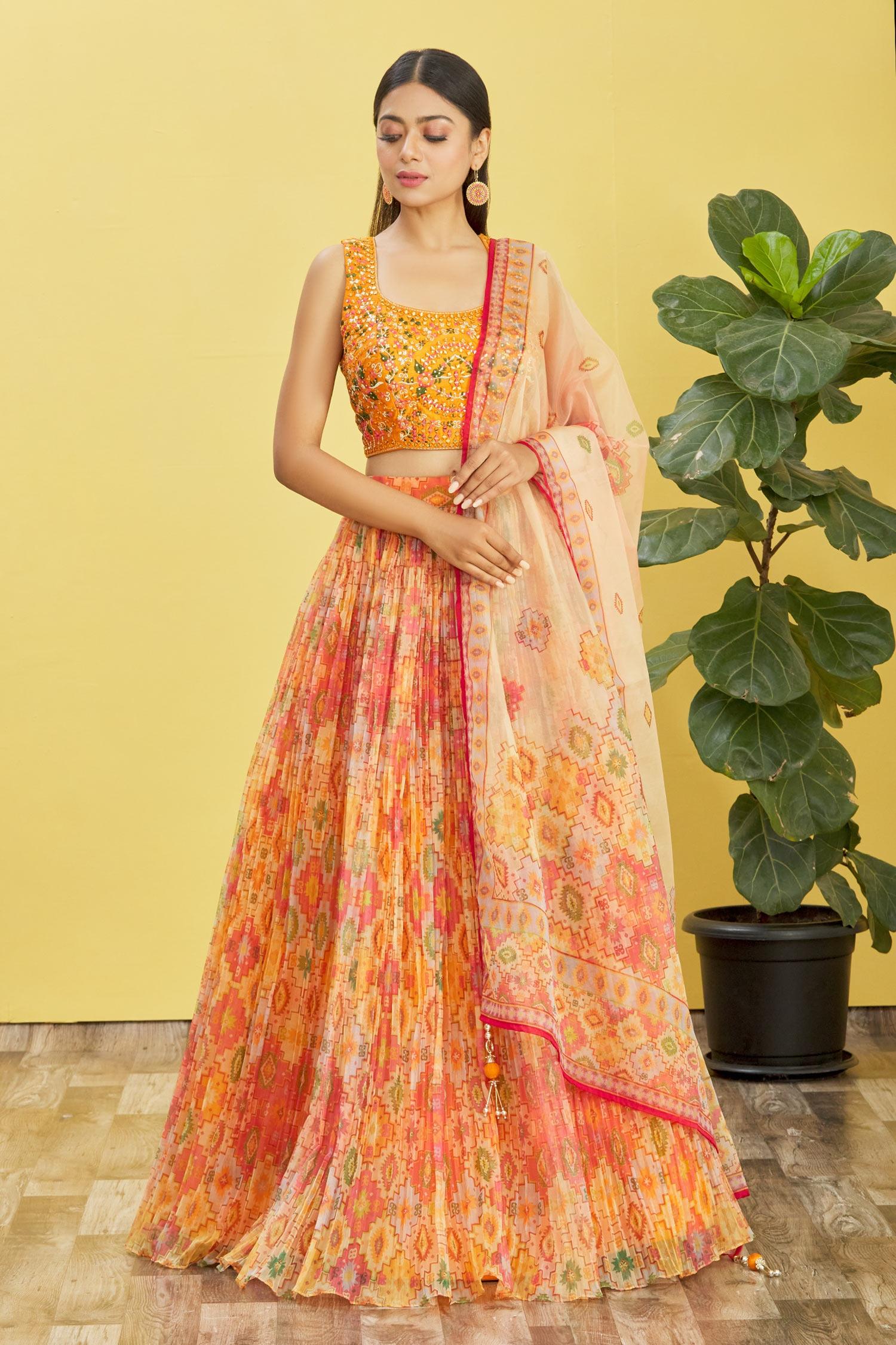 Jyoti Fashion Women's Yellow Organza Real Mirror with Sequins Thread Embroidered Lehenga Choli & Dupatta | Swadesiicart