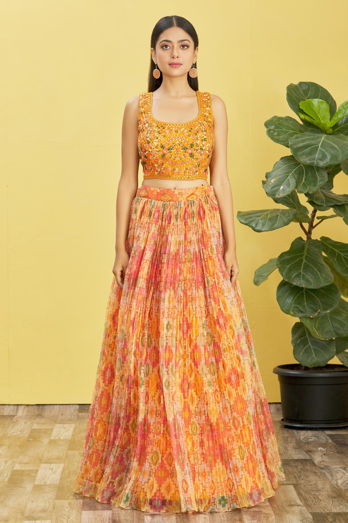 Jyoti Fashion Women's Yellow Organza Real Mirror with Sequins Thread Embroidered Lehenga Choli & Dupatta | Swadesiicart