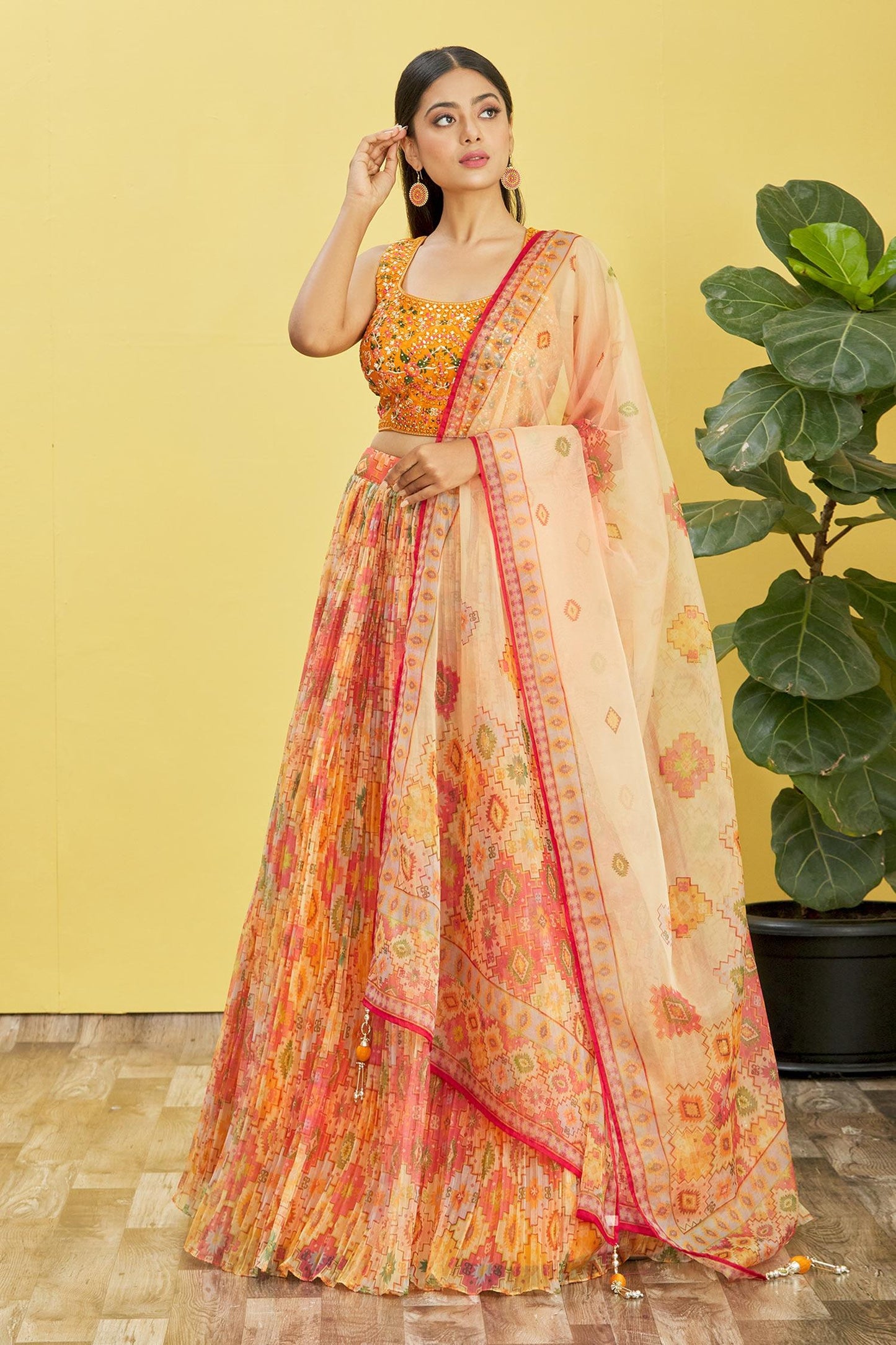 Jyoti Fashion Women's Yellow Organza Real Mirror with Sequins Thread Embroidered Lehenga Choli & Dupatta | Swadesiicart
