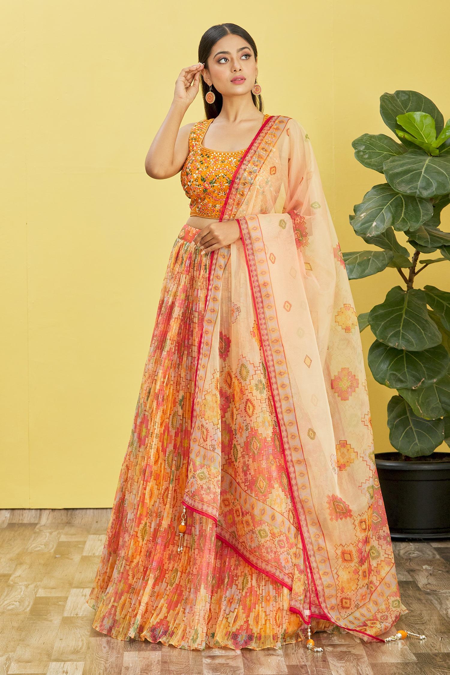 Jyoti Fashion Women's Yellow Organza Real Mirror with Sequins Thread Embroidered Lehenga Choli & Dupatta | Swadesiicart